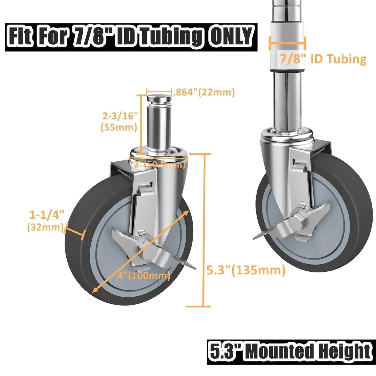 4-Inch Caster Replacement Wheels Set Of 4 For Wire Shelving Racks And Scaffolding With Brake Heavy Duty Compatibility For Metro Quantum And Uline Shelves 0.864 Inch Diameter By 2-3/16 Inch Long And 5.3 Inch Mounted Height diagram