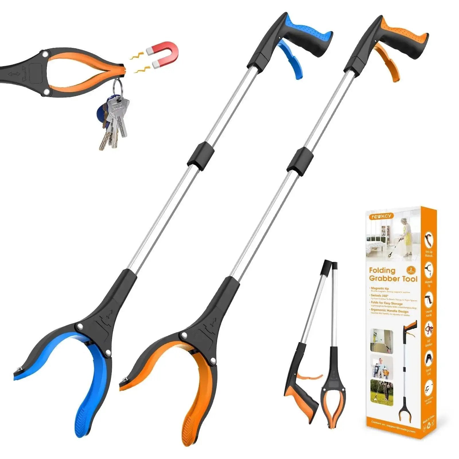 32 Inch Foldable Grabber Reacher Tool 2 Pack With 360 Degree Rotating Jaw And Magnet, lightweight design for seniors