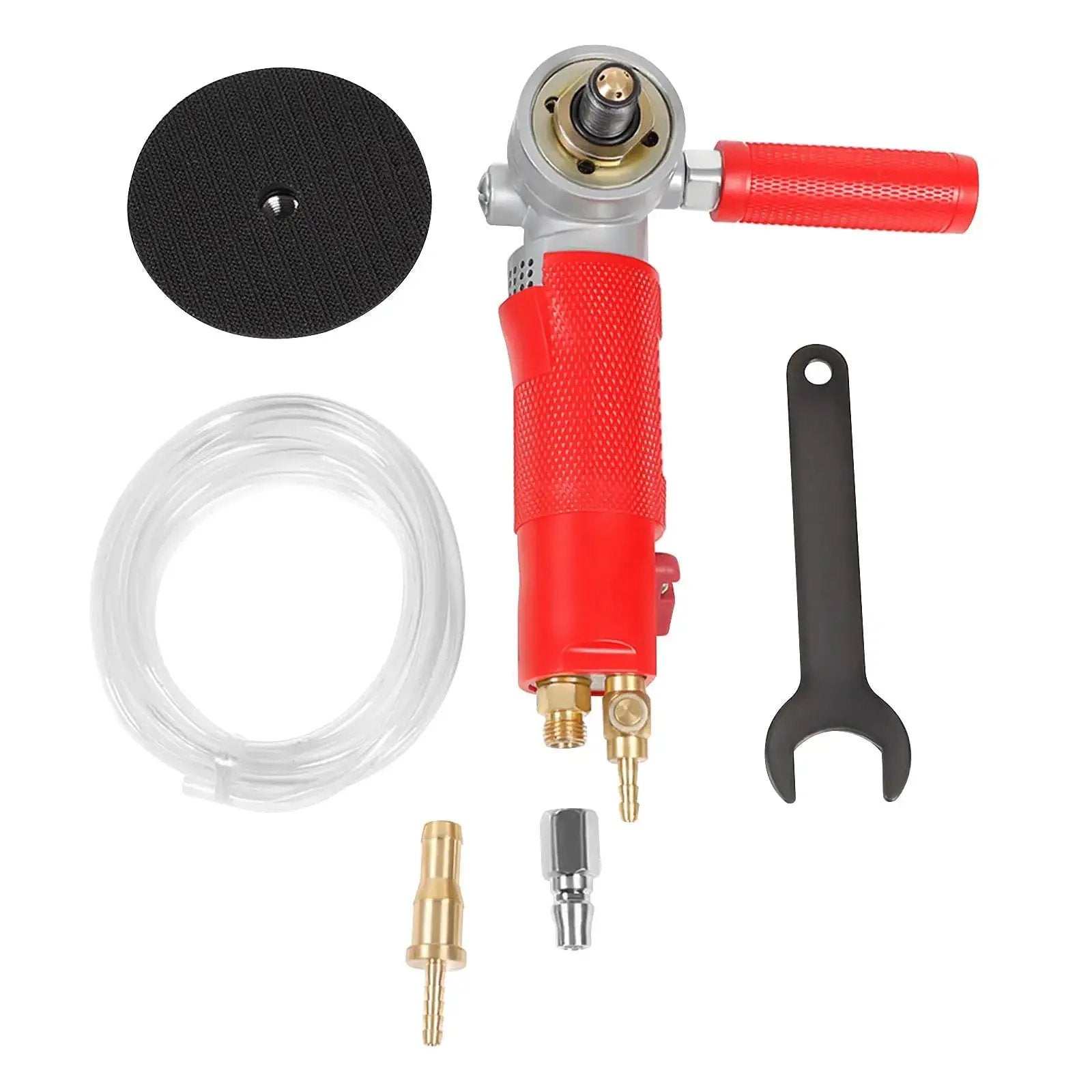 4 Inch Pneumatic Wet Stone Polisher with Water Jet for Marble Granite Concrete Polishing Air Sander 4300 RPM Pro Grade Dust Control Durable Helical Gear Workhorse Tool for Home and Shop shown with red handle, hose, wrench, and attachments.