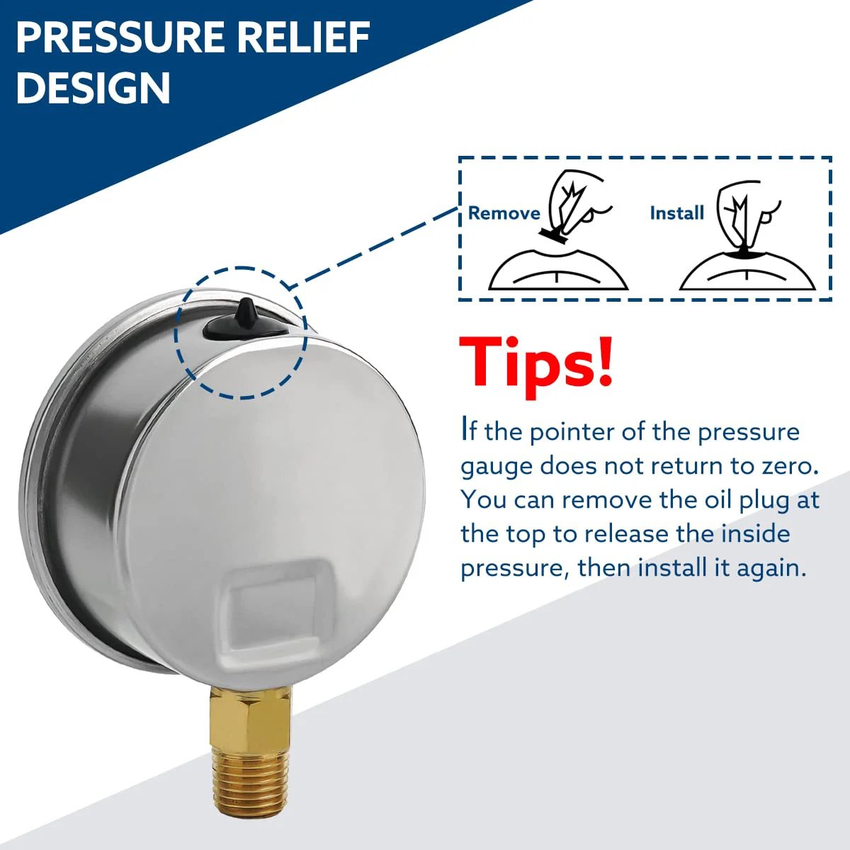 Glycerin Filled Hydraulic Pressure Gauge 5000 Psi With 2.5 Inch Dial, 1/4 Inch NPT Lower Mount, Stainless Steel Case with relief design diagram