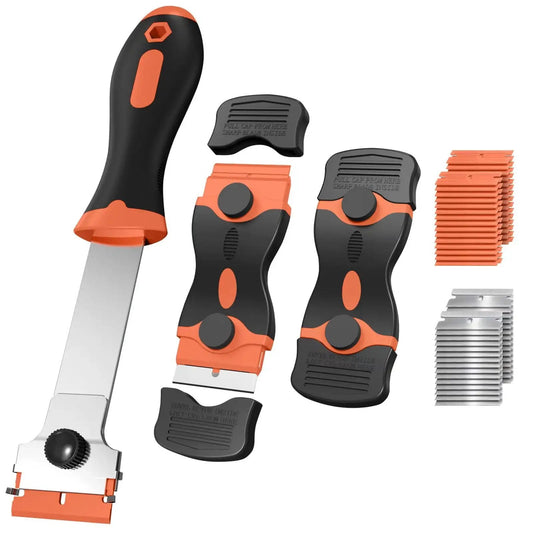 Three Pack Razor Blade Scraper Set With 60 Blades Long Handle Double End Plastic Scrapers And Metal Blades For Glass Windows Cooktops