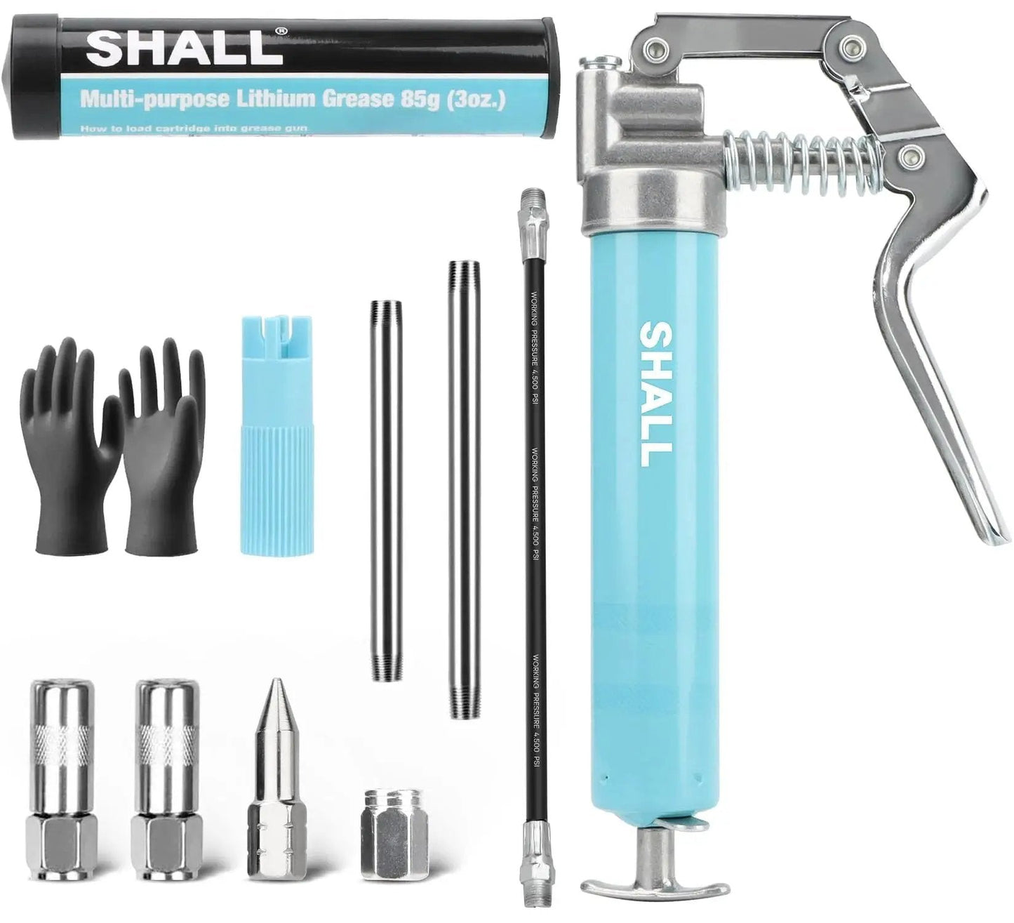 Mini Grease Gun Kit 3.52 Oz Capacity 3000 Psi With Long And Short Extension Pipes, 12 Inch Flex Hose, Two Four Jaw Couplers