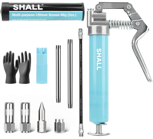 Mini Grease Gun Kit 3.52 Oz Capacity 3000 Psi With Long And Short Extension Pipes, 12 Inch Flex Hose, Two Four Jaw Couplers
