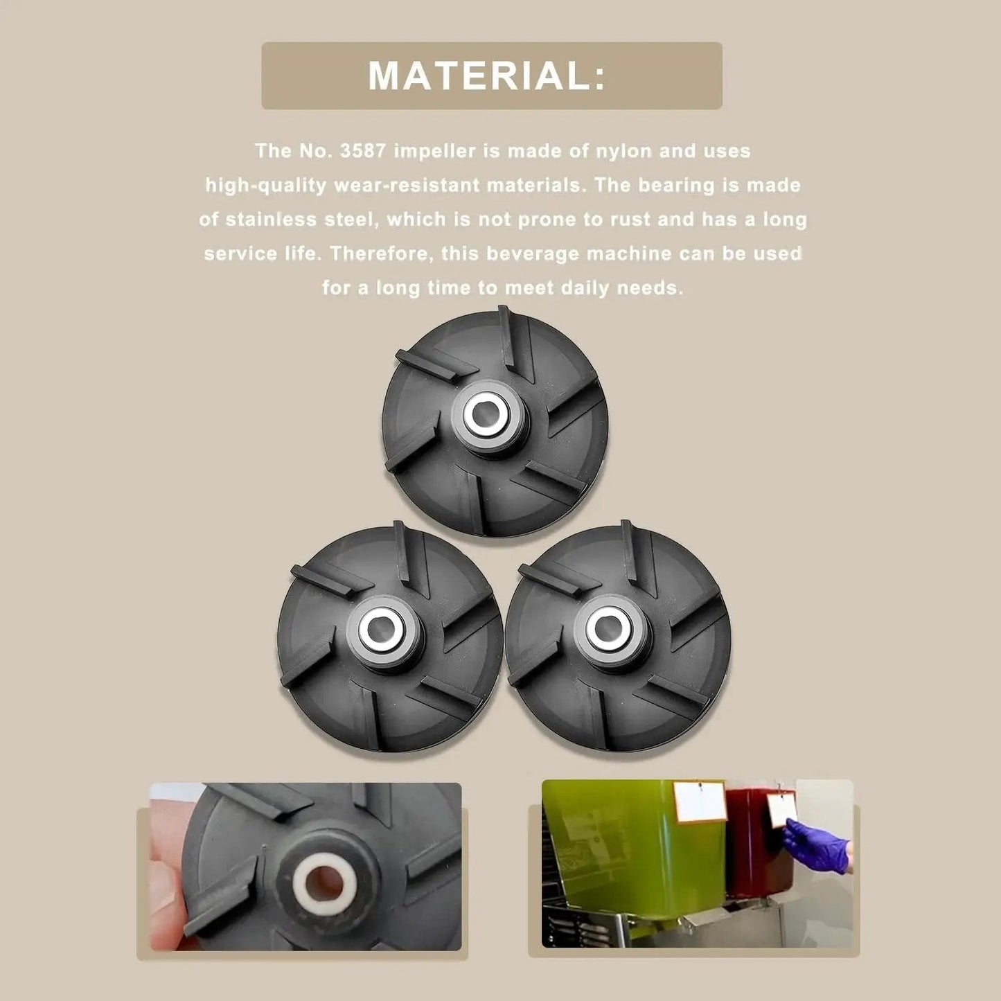 Direct Replacement Magnetic Impeller Kit With Bearing Sleeve for beverage dispensers showing three black impellers and nylon material