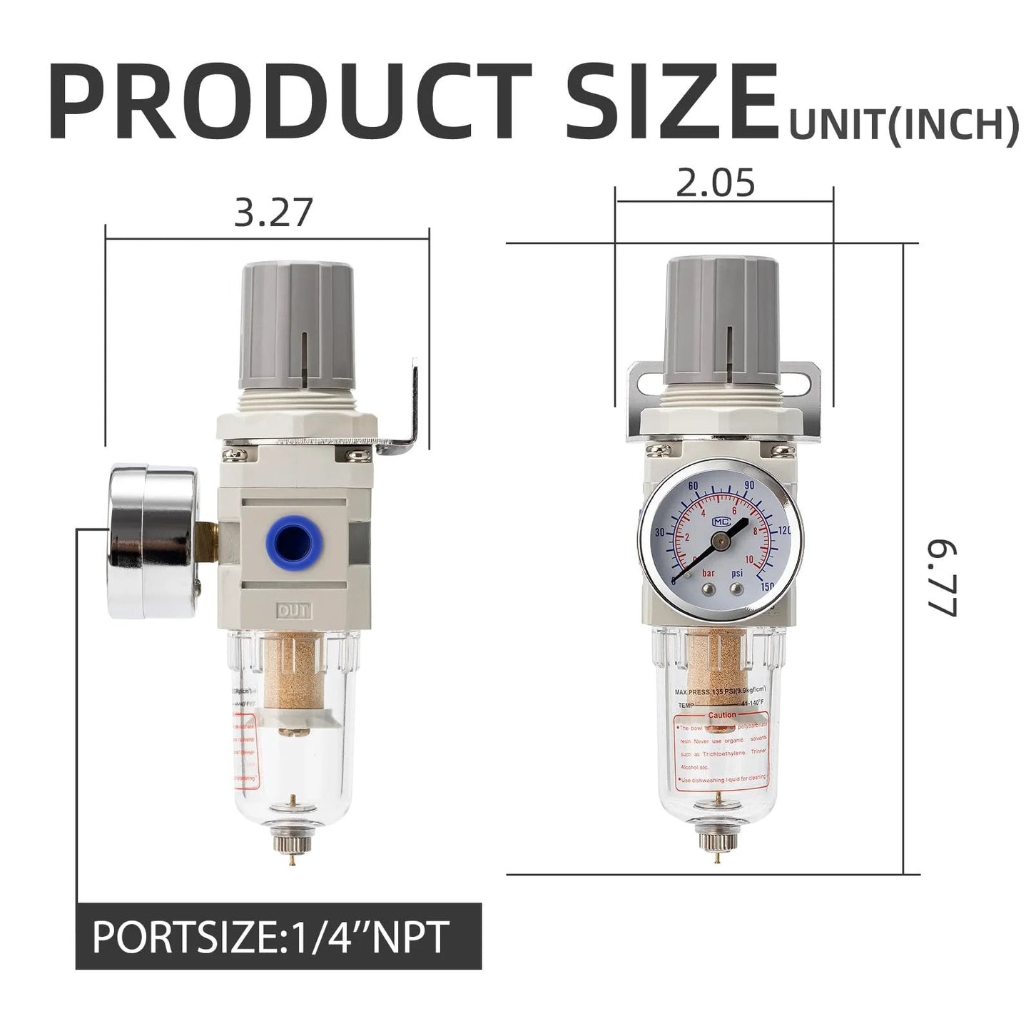 Pneumatic Air Compressor Filter Regulator Combo Pro Grade Quarter Inch NPT 150 PSI With Adjustable Gauge