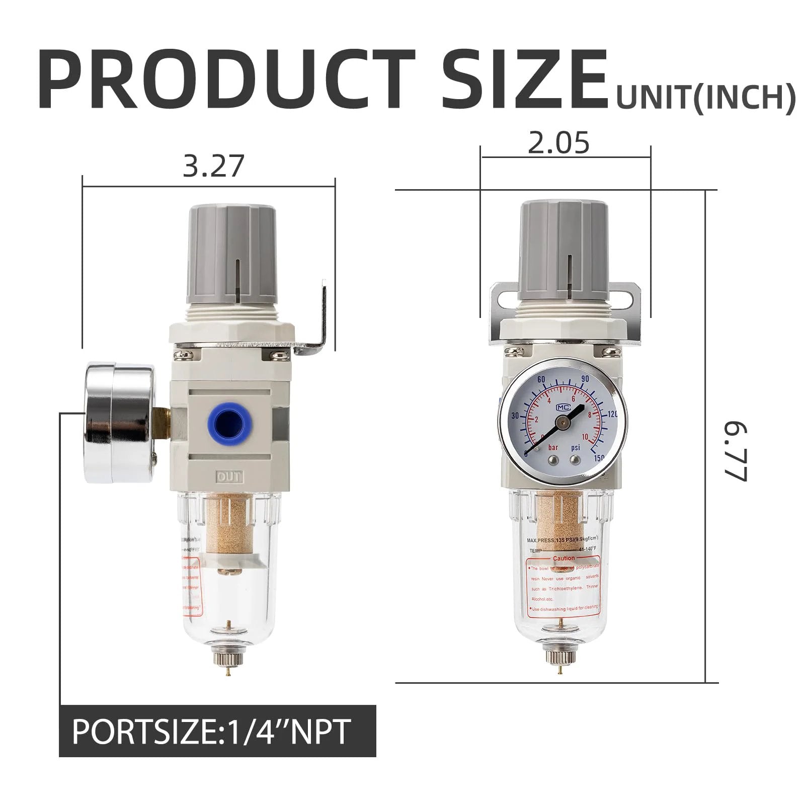 Pneumatic Air Compressor Filter Regulator Combo Pro Grade Quarter Inch NPT 150 PSI With Adjustable Gauge