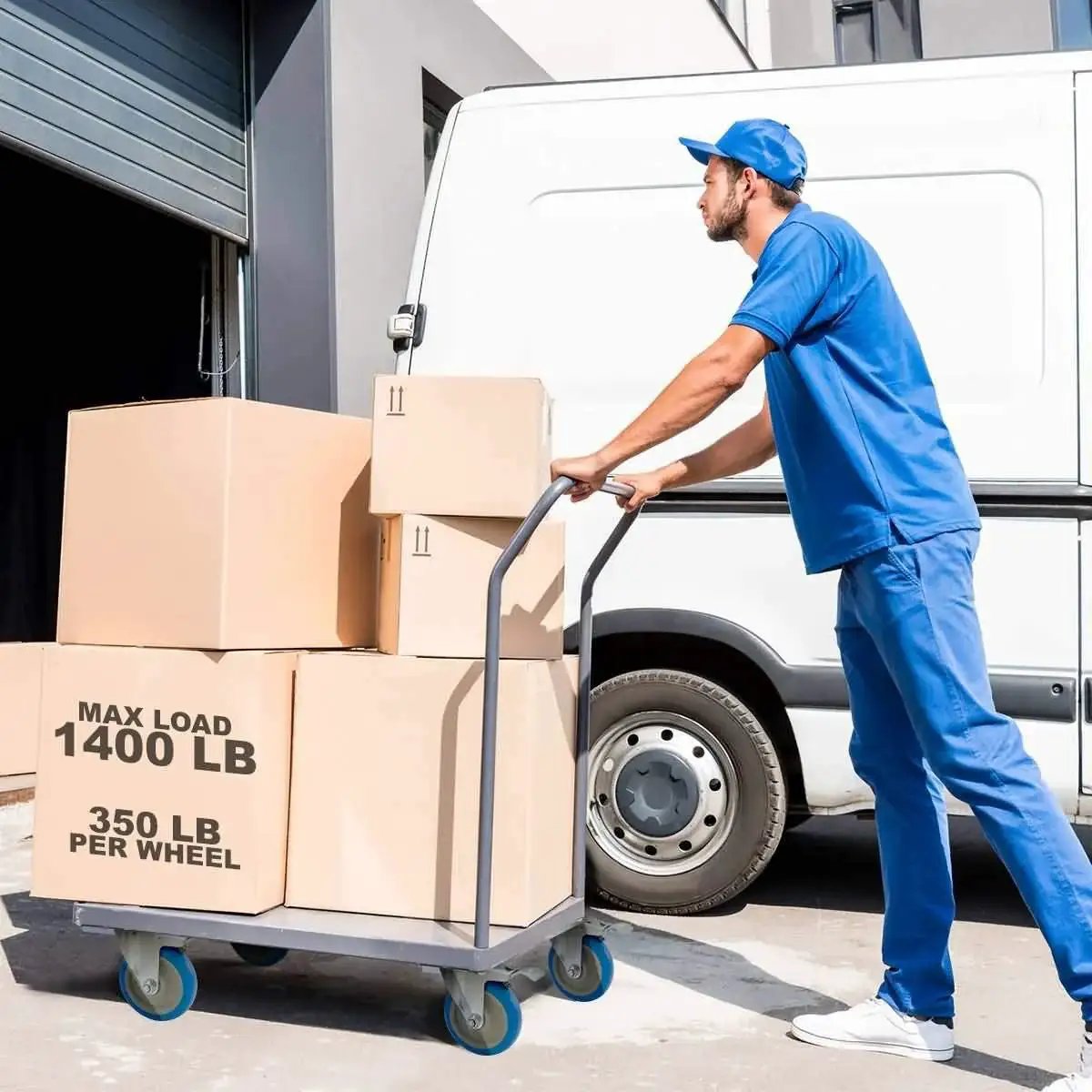 Worker pushing cart with Heavy Duty Five Inch Blue Caster Wheel With Dual Locking Brake For Three Eighths To One Point Two Inch Threaded Stem Mounts