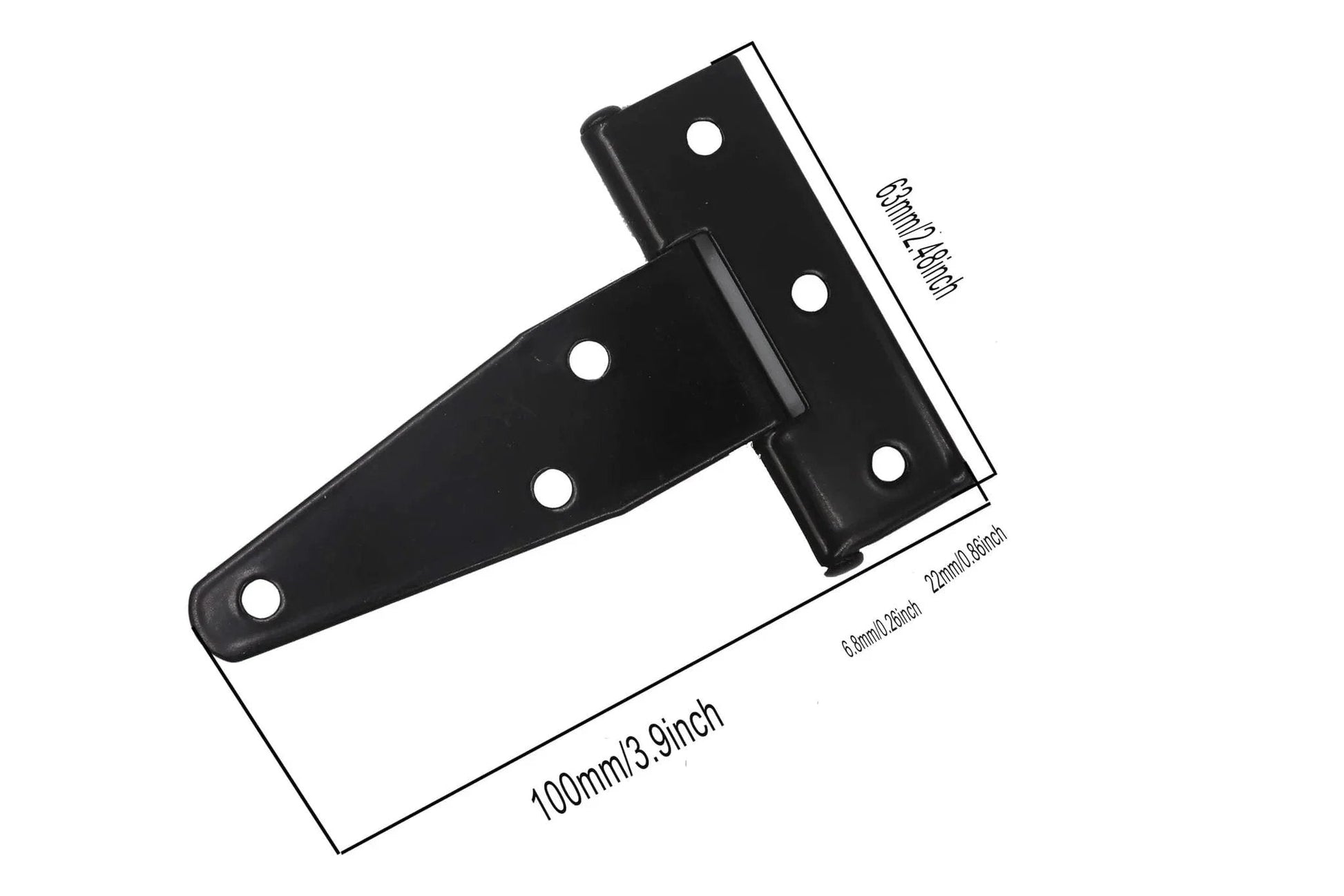 Eight Pieces Four Inch Galvanized T Shaped Hinge Set Including Triangular Hinge Slotted Bearing For Doors Iron Construction With Imitation Galvanized Coating Corrosion And Rust Resistant Fully Assembled And Easy To Install, front view with measurements.