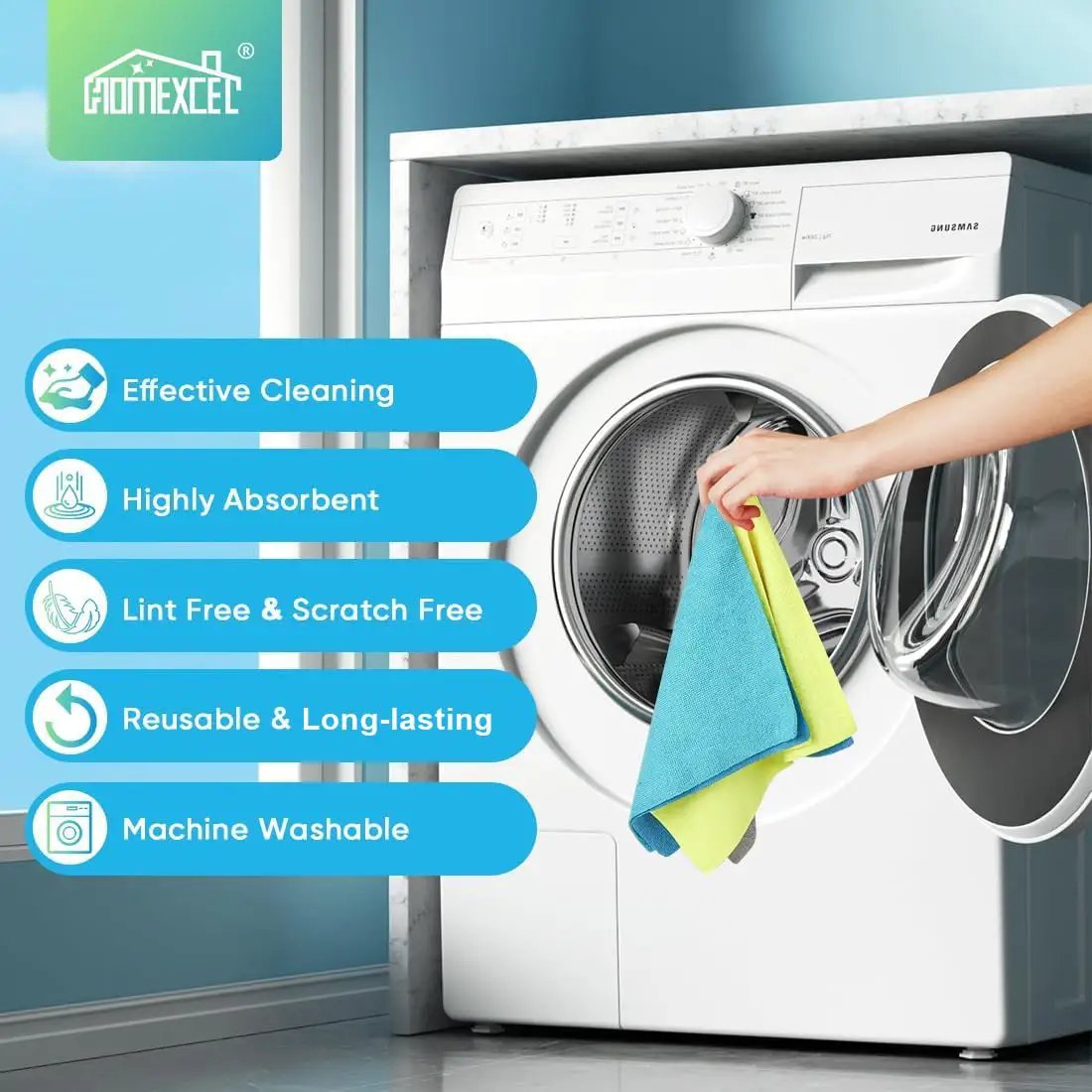 Close-up of Ultra Absorbent Microfiber Cleaning Cloths, 100 Pack For Cars, Home, Kitchen And Shop, Scratch Free, Lint Free Rags, Multicolor 11.5 By 11.5 Inches By HOMEXCEL being used to clean in a washing machine.