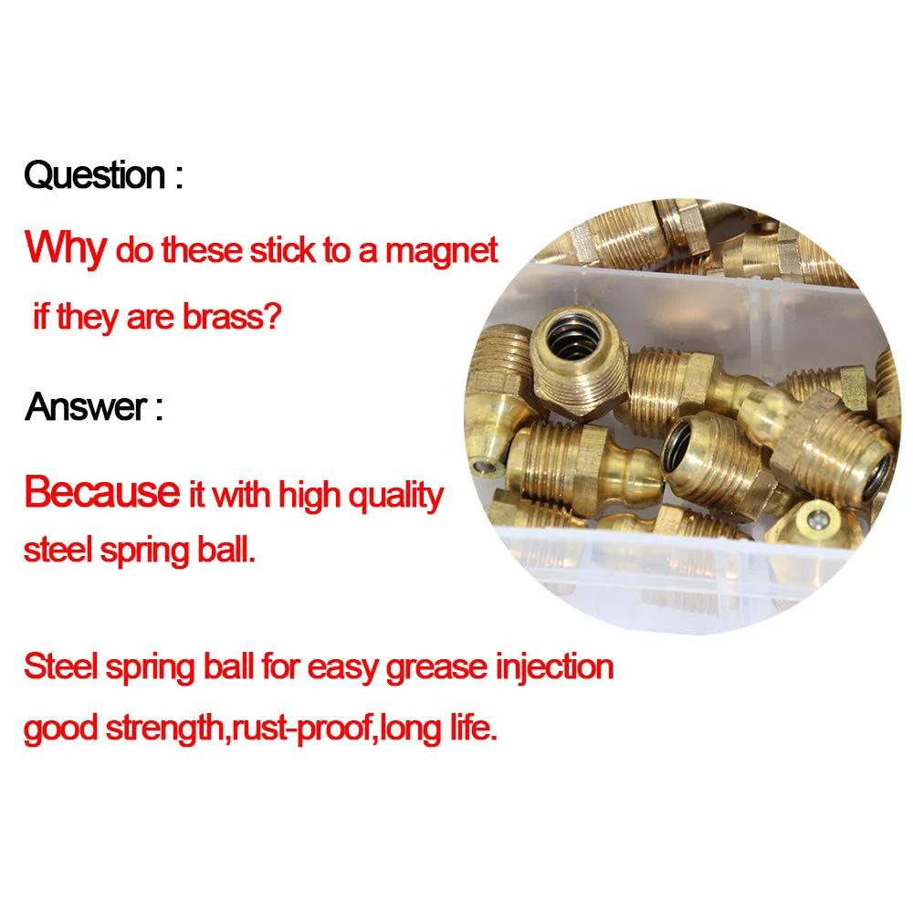 115 Piece SAE Brass Zerk Fitting Assortment Kit for Hydraulic Grease Straight One Quarter Inch Twenty Eight Threads One Eighth Inch and Forty Five Degree and Ninety Degree Angled Zerk Set Heavy Duty Brass Bronze Construction Plastic Case Included in plastic case with info
