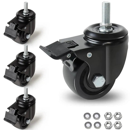 Heavy Duty 3 Inch Swivel Caster Wheels With Half Inch Diameter, 13 TPI, 1 Inch Threaded Stem, Brake, Low Profile Design, Set Of 4 For Cart And Furniture, Each Caster Supports Up To 4400 Lbs shown with nuts and washers