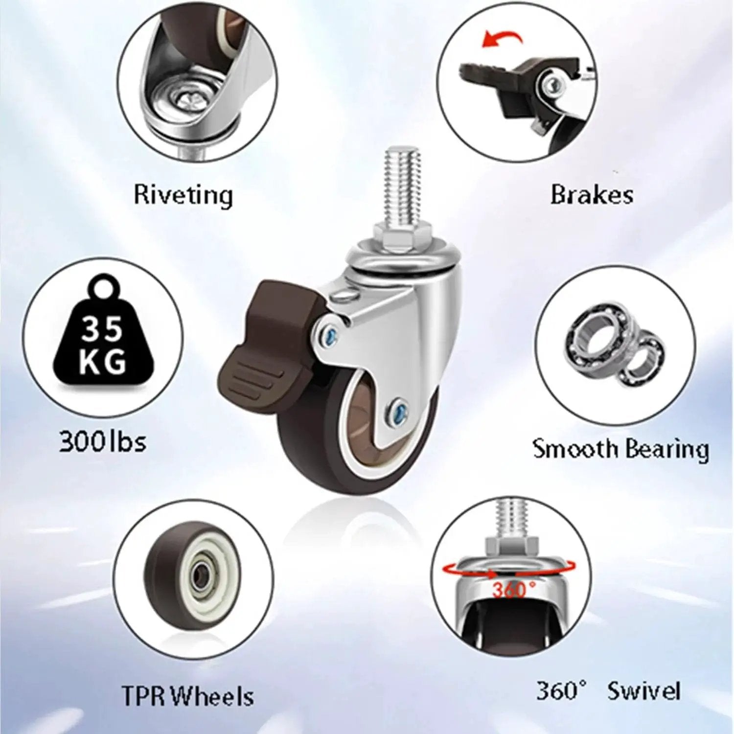 Image of Stem Casters With 360 Degree Swivel TPR Wheels For Carts Furniture Dolly And Workbenches, highlighting features like braking system, smooth bearing, and 300 lbs capacity.