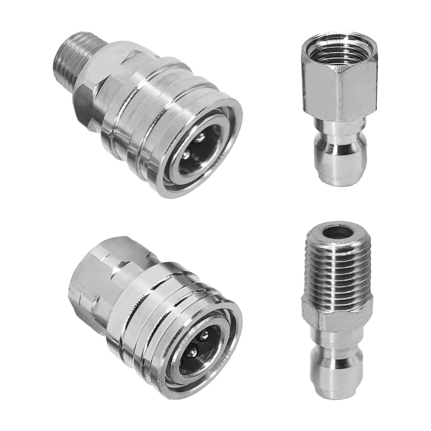 1/4 Inch Quick Connect Pressure Washer Fittings Set In Stainless Steel With Female And Male NPT Adapters Easy Connect Universal Hose Fittings For Most Pressure Washers And Everyday Cleaning Needs