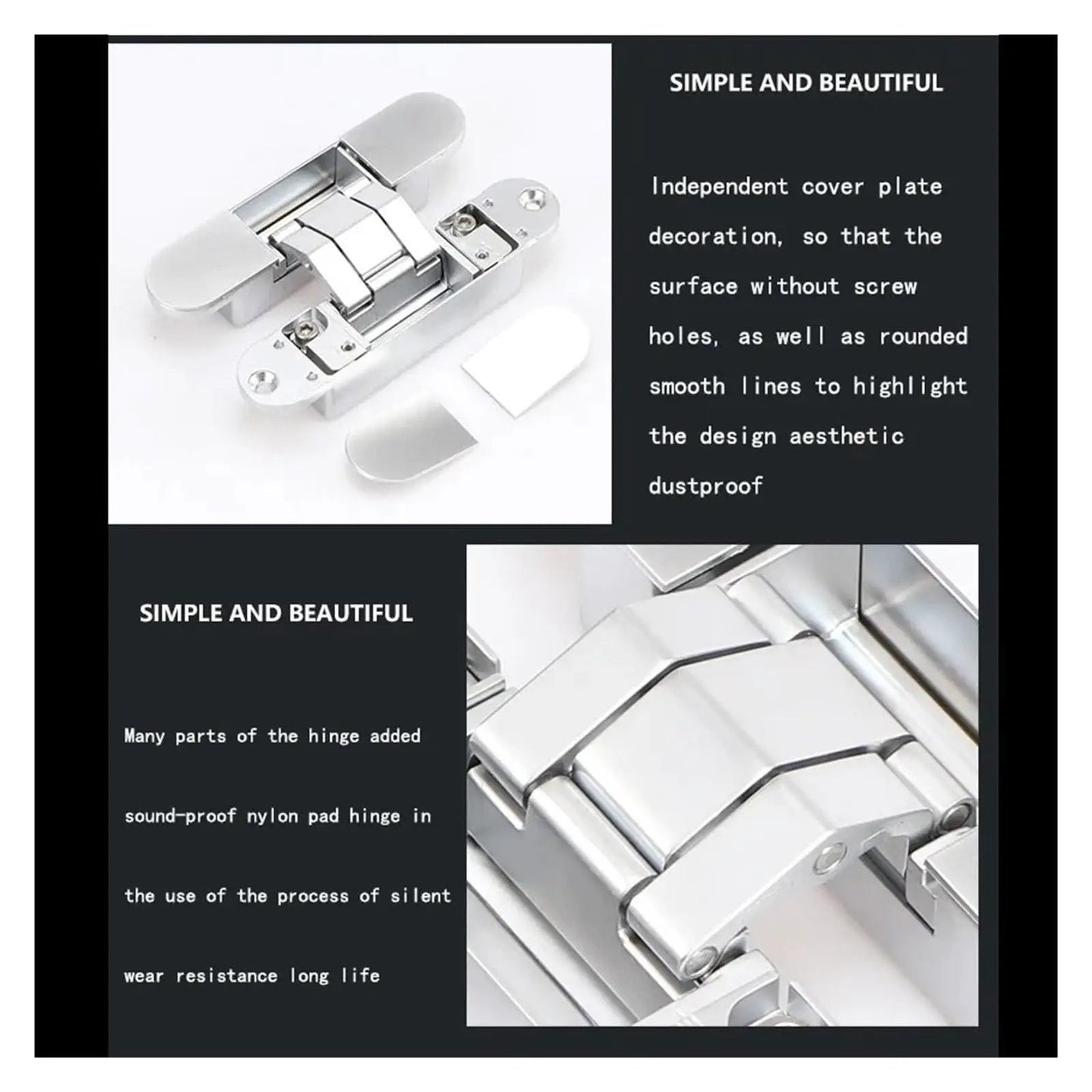 Black Invisible Door Hinge 180 Degree Hidden Folding Hinge With Three Dimensional Adjustable Design For Quiet Smooth Operation shown in detail.