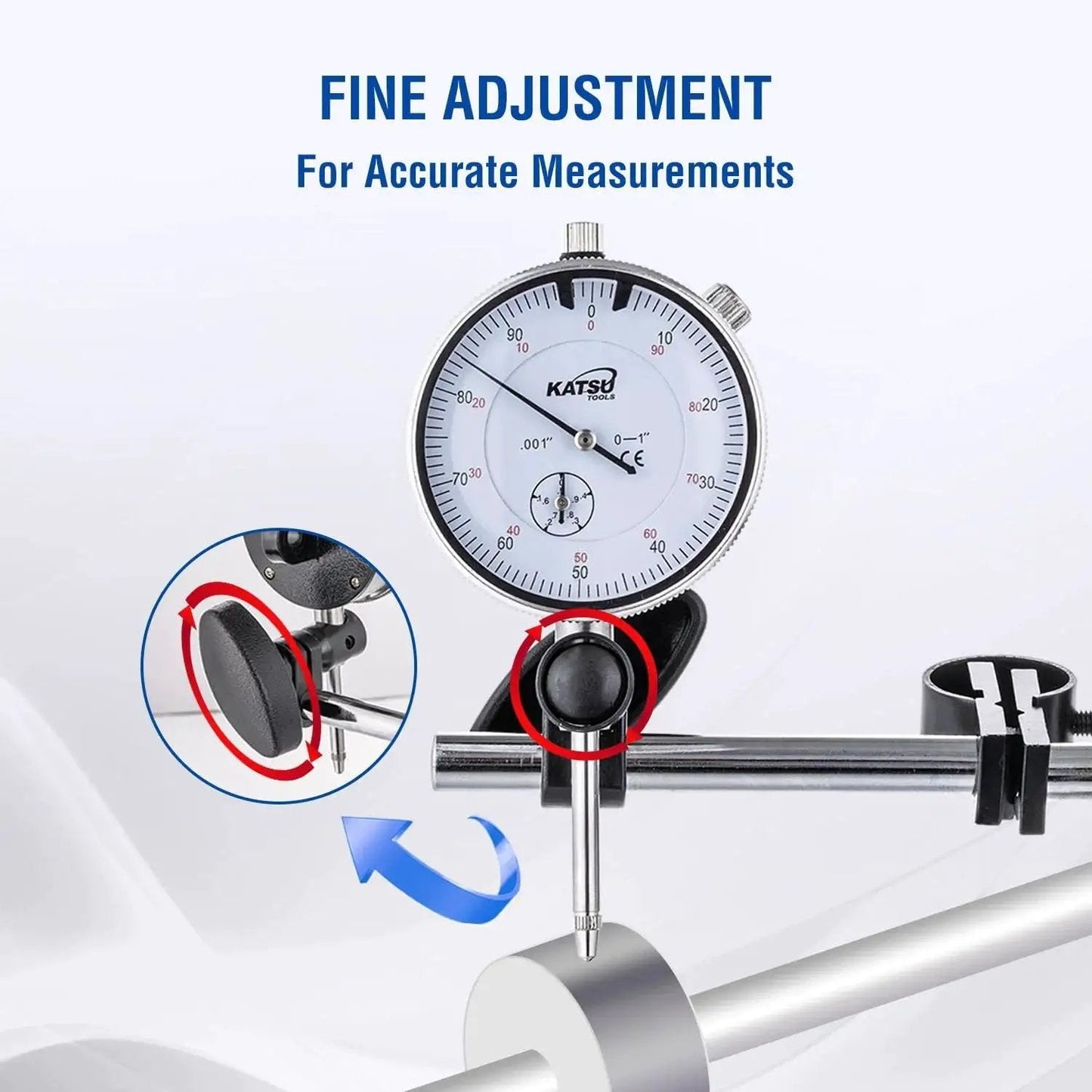 Dial Indicator With Magnetic Base And 22 Piece Indicator Points Set For Pro Grade Precision Measuring 0 To 1.0 In Range And 0.001 In Accuracy Fine Adjustment Magnetic Base With Strong Hold Long Arm Storage Case Included Model 401111 close-up view