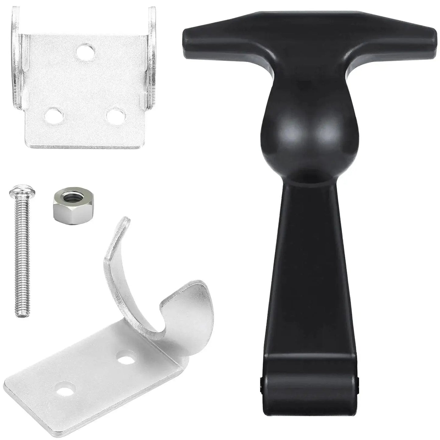 Elastic Rubber Hood Latch Set With Stainless Brackets And T Handle, showing latch components and stainless steel brackets