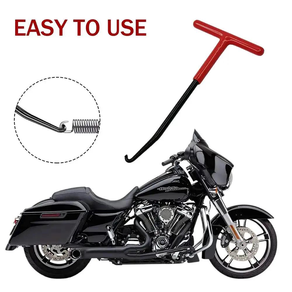Exhaust Spring Hook T Shaped Handle For Motorcycle Rubber Coated Set Of 2 next to a motorcycle showing usage example.