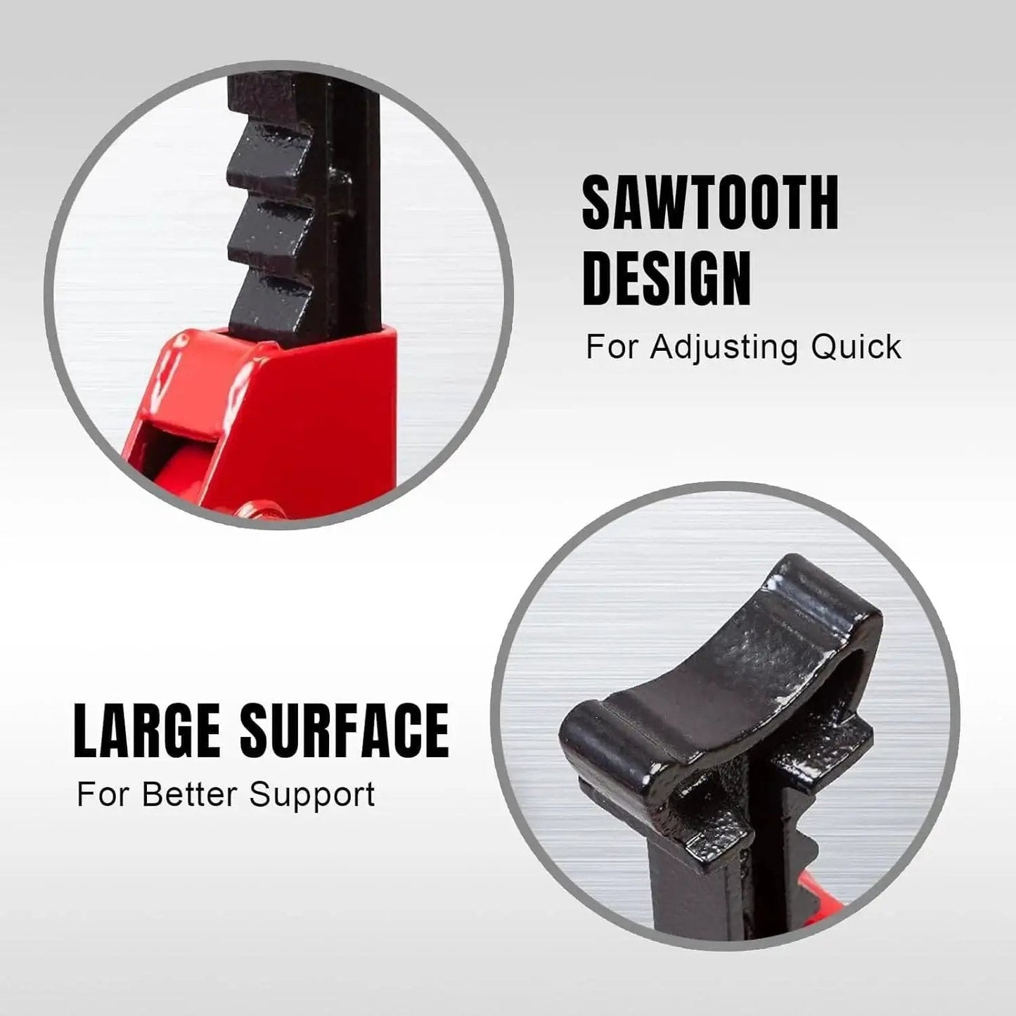 Close-up of 3 Ton Heavy Duty Steel Jack Stands Pair For Car Lifting Not For SUV Or Truck showing sawtooth design and large support surface.