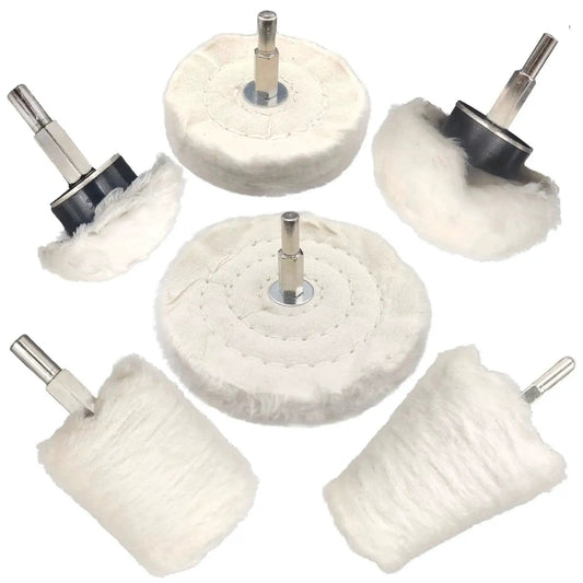 Six Piece Drill Buffing Wheel Kit for Polishing Metal Wood Glass Jewelry showing different soft, white buffing wheel shapes