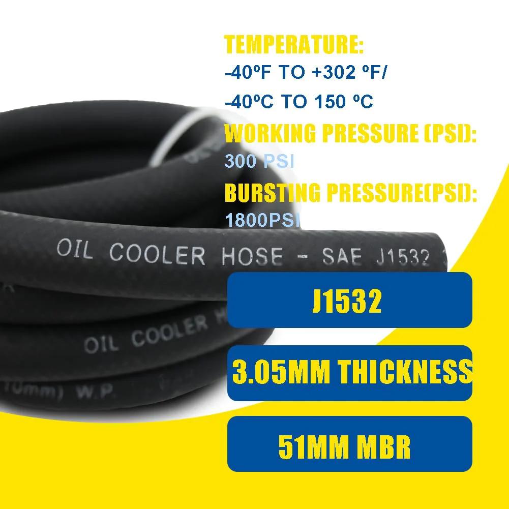 Three Eighth Inch Inner Diameter Transmission Oil Cooler Hose For Power Steering And Fuel Lines Ten Feet Long High Pressure 300 PSI Braided Reinforced NBR Rubber Hose Built To Last For Hydraulic Systems And J1532 Compatible Applications, close-up view of hose showing specifications