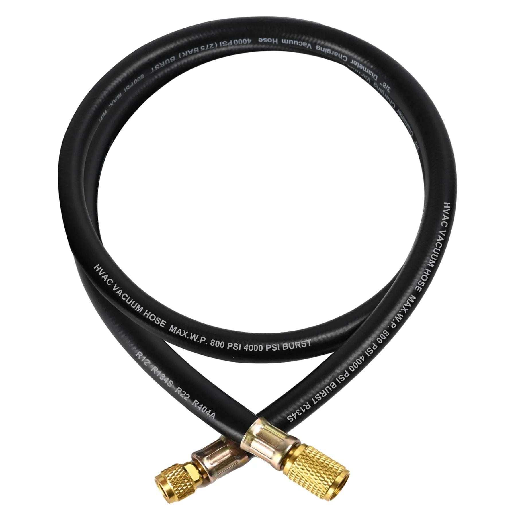 Upgraded Heavy Duty Vacuum Charging Hose Three Eighths To One Quarter Inch Fittings Five Feet Long 800 PSI Working Pressure 4000 PSI Burst Pressure Compatible With Most Refrigeration And Air Conditioning Equipment shown coiled with brass fittings.