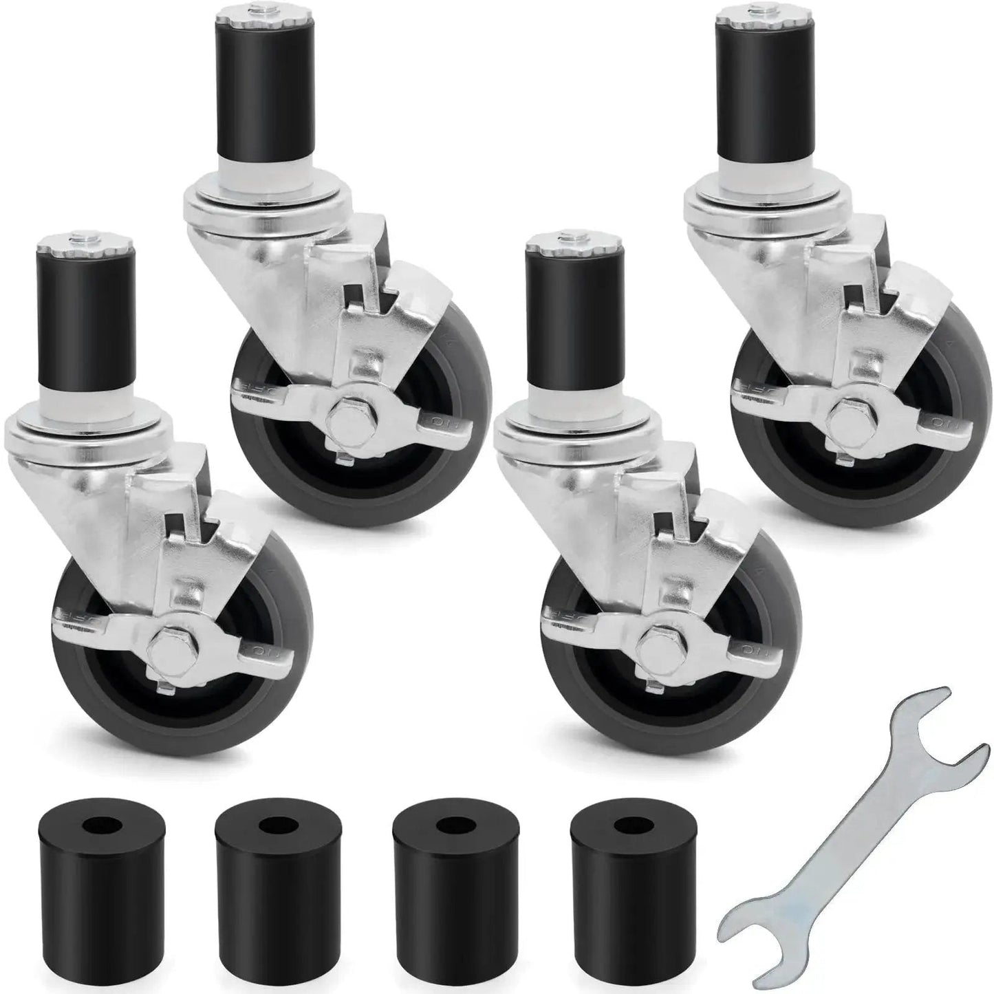 Four Inch Prep Table Casters Set Of Four Heavy Duty Expanding Stem Wheel Casters With Brakes for Commercial Kitchen Prep Tables and wrench