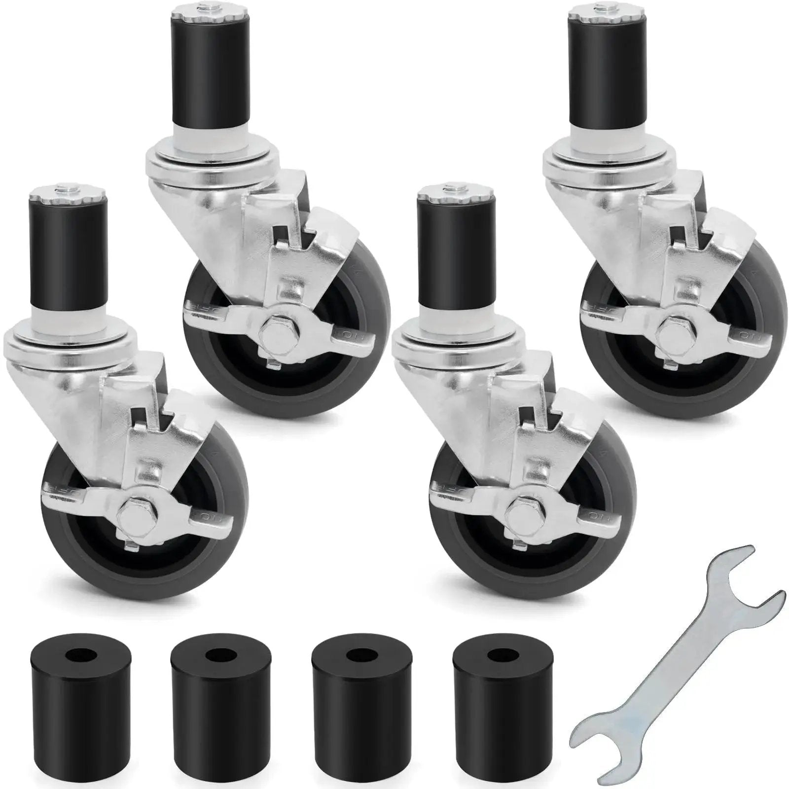 Four Inch Prep Table Casters Set Of Four Heavy Duty Expanding Stem Wheel Casters With Brakes for Commercial Kitchen Prep Tables and wrench