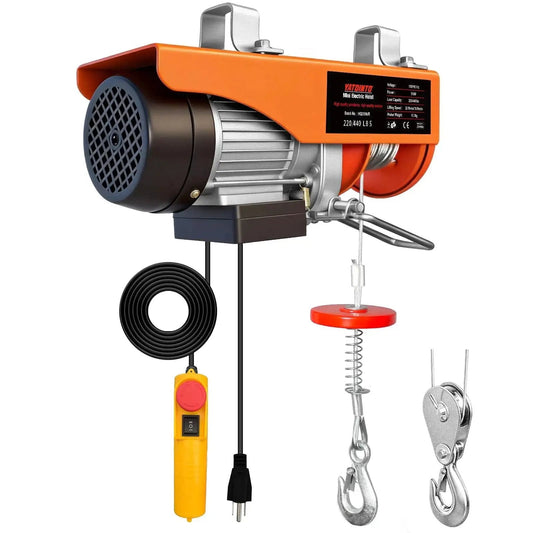 440 Lbs Electric Hoist With Remote Control 510W Winch 39.4 Ft Lift For Garage, shown with wired remote and hook attachments
