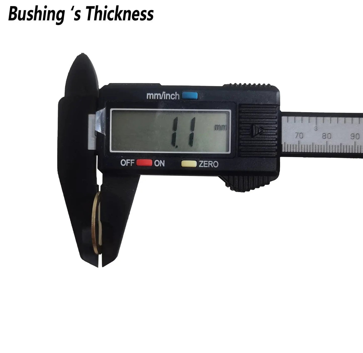 Digital caliper measuring 1.1mm thickness of 10 Pcs Saw Blade Bushings 7/8 To 5/8 Inch Brass Ring Adapters for woodworking by ANTENGDATOOL
