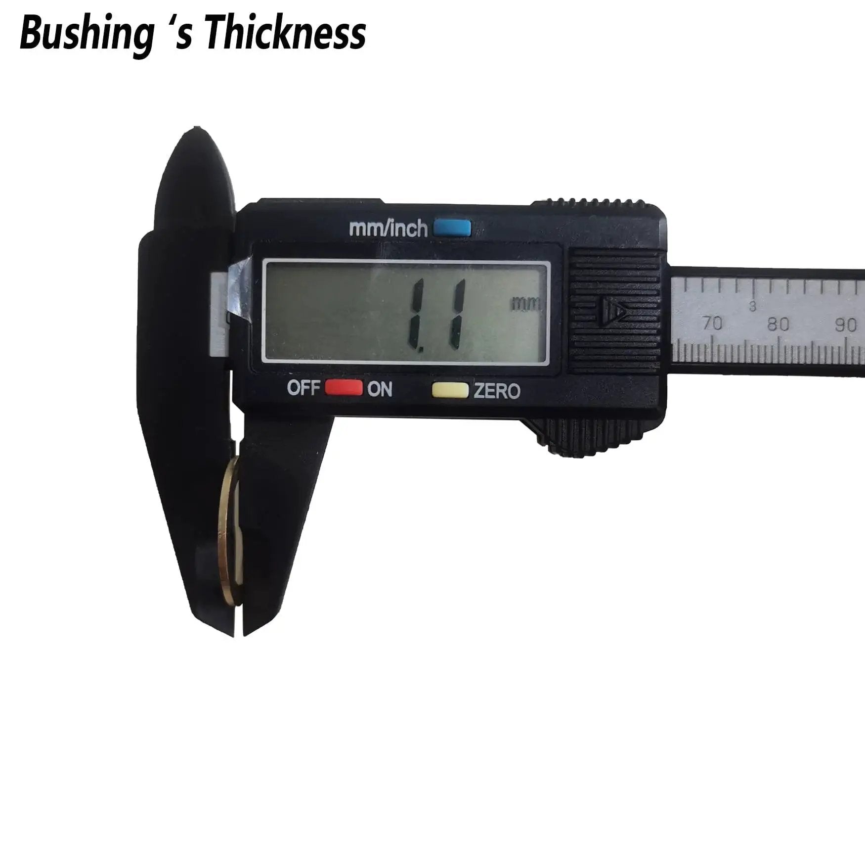 Digital caliper measuring 1.1mm thickness of 10 Pcs Saw Blade Bushings 7/8 To 5/8 Inch Brass Ring Adapters for woodworking by ANTENGDATOOL