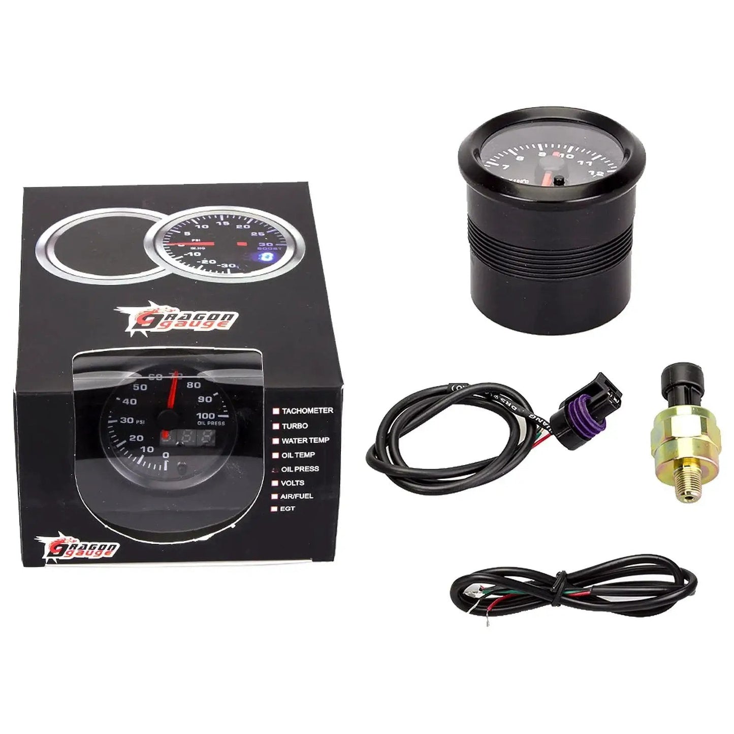 Oil Pressure Gauge Kit 52mm With 7 Color LED Digital Readouts 0 To 100 PSI Black Dial Clear Lens shown with box and accessories