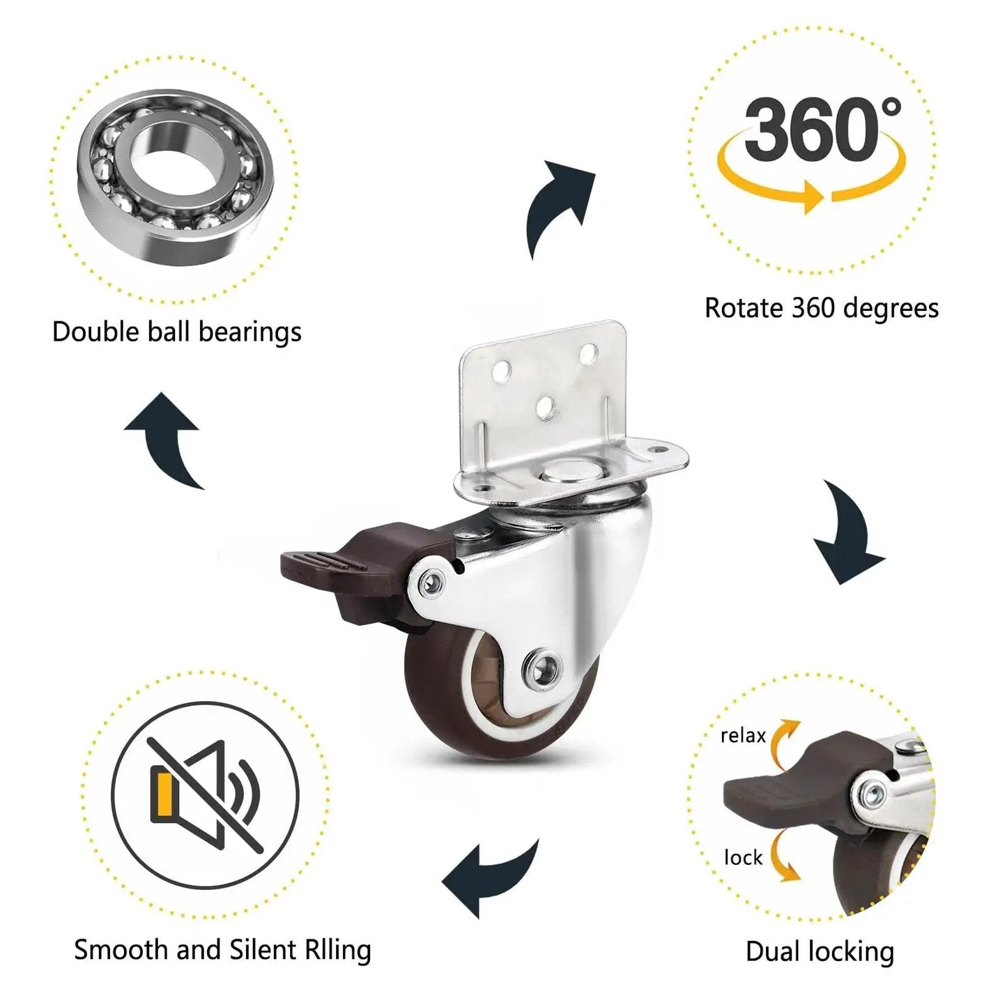 1.5 Inch Swivel Plate TPE Caster Wheels Pack Of 4 With Brake Low Profile L Bracket Casters For Crib Table Shelf TV Stand
