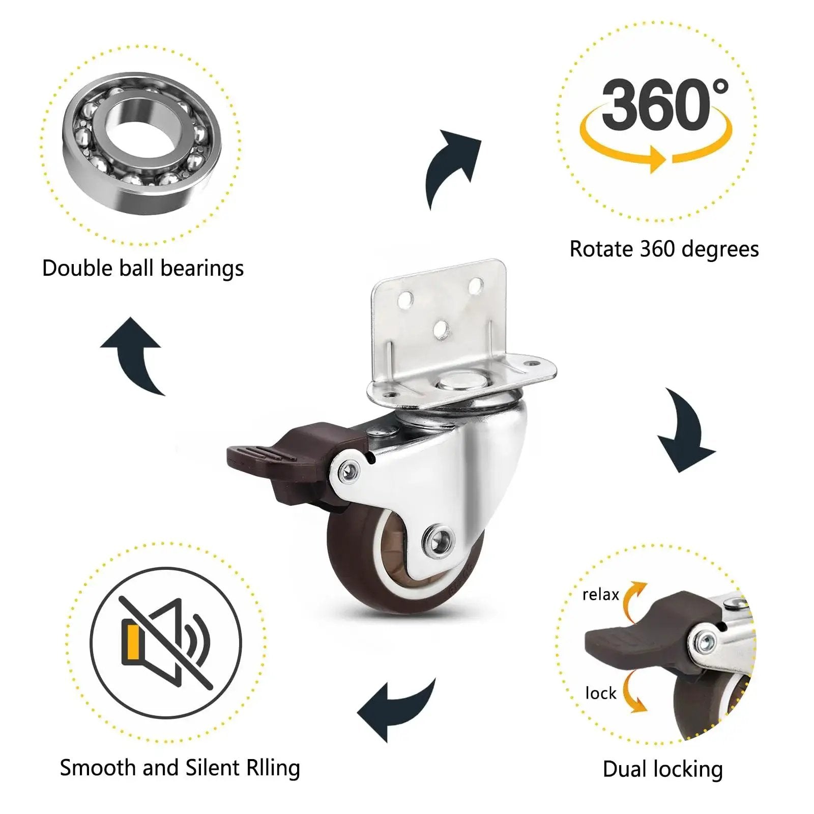 1.5 Inch Swivel Plate TPE Caster Wheels Pack Of 4 With Brake Low Profile L Bracket Casters For Crib Table Shelf TV Stand