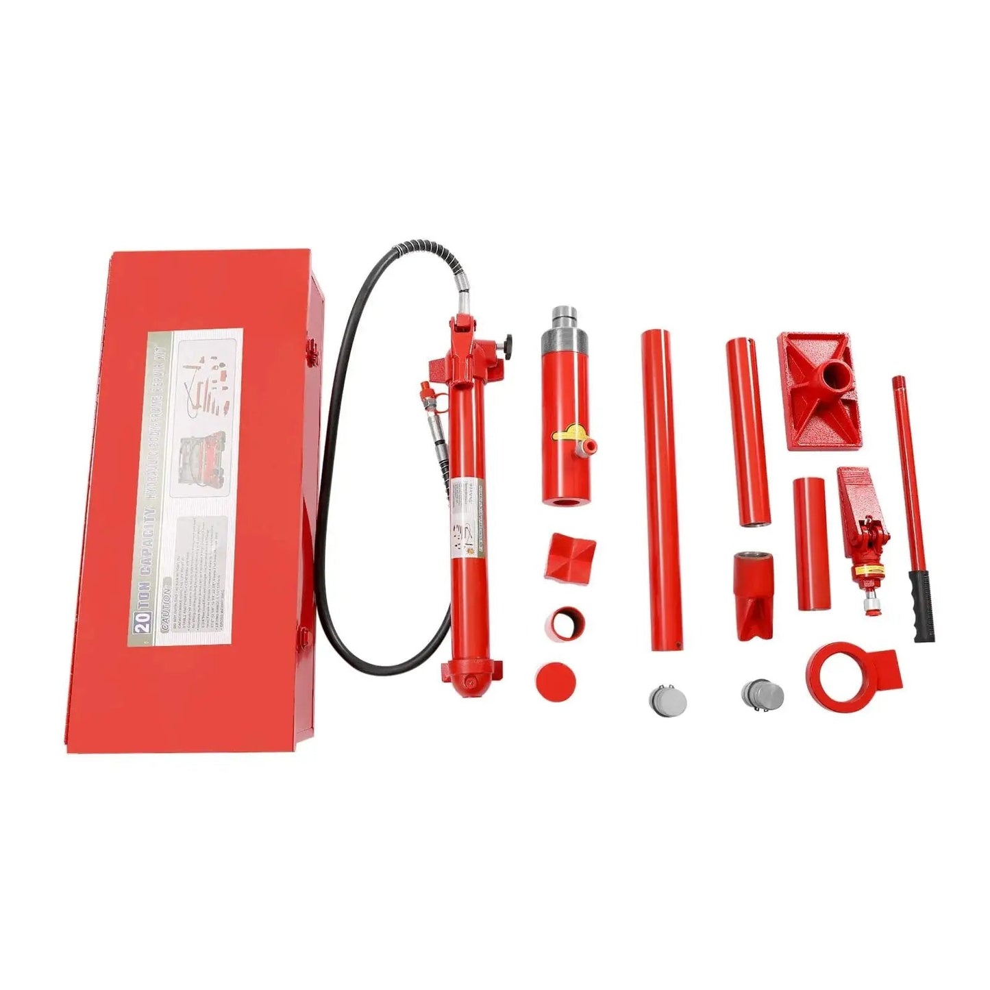 20 Ton Hydraulic Car Jack And Ram Kit For Body Frame Repair With Storage Case, showing 18-piece set with red components.