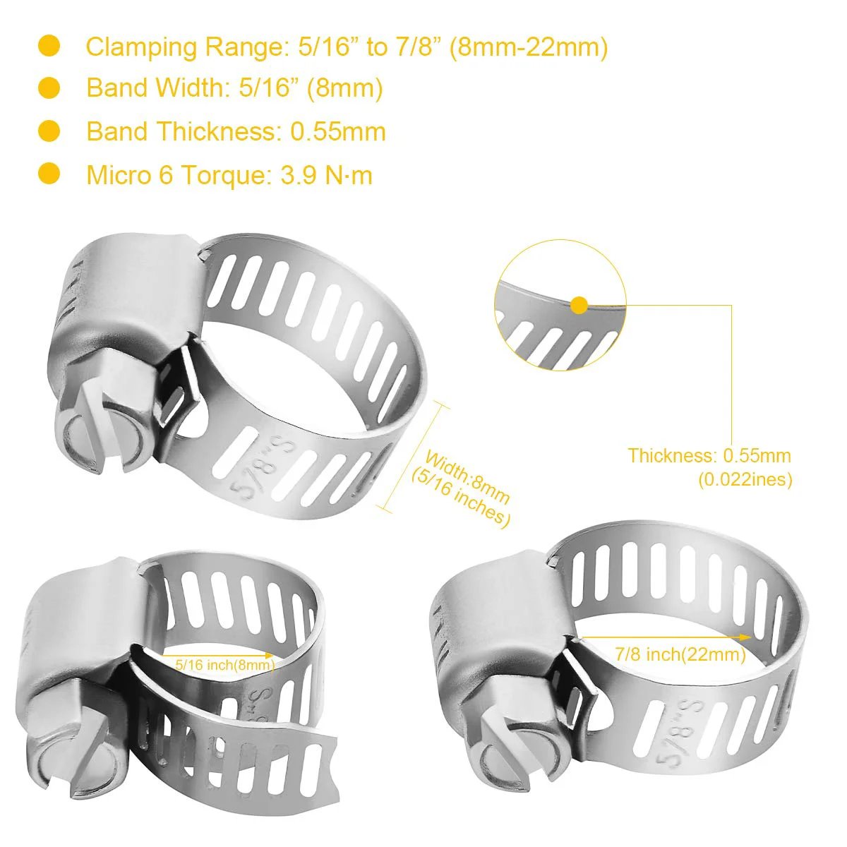 Beefy Premium Stainless Steel Hose Clamps Set Twenty Two Pack Micro Size Six Worm Gear Drive Clamps For Automotive Plumbing