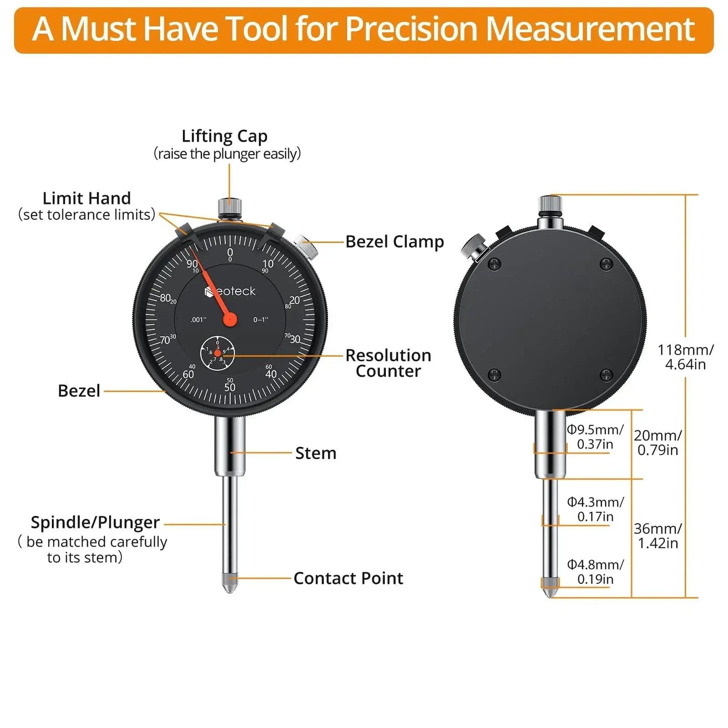 Dial Indicator Gauge 0 To 1 Inch, With 0.001 Inch Resolution, Pro Grade Full Metal Construction For Lathe Front and Side View