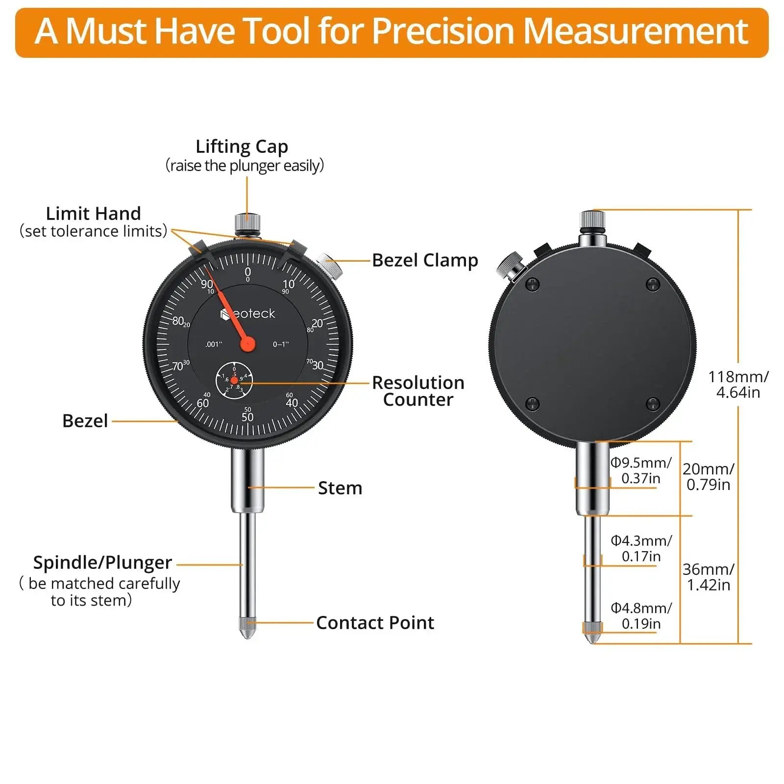 Dial Indicator Gauge 0 To 1 Inch, With 0.001 Inch Resolution, Pro Grade Full Metal Construction For Lathe Front and Side View