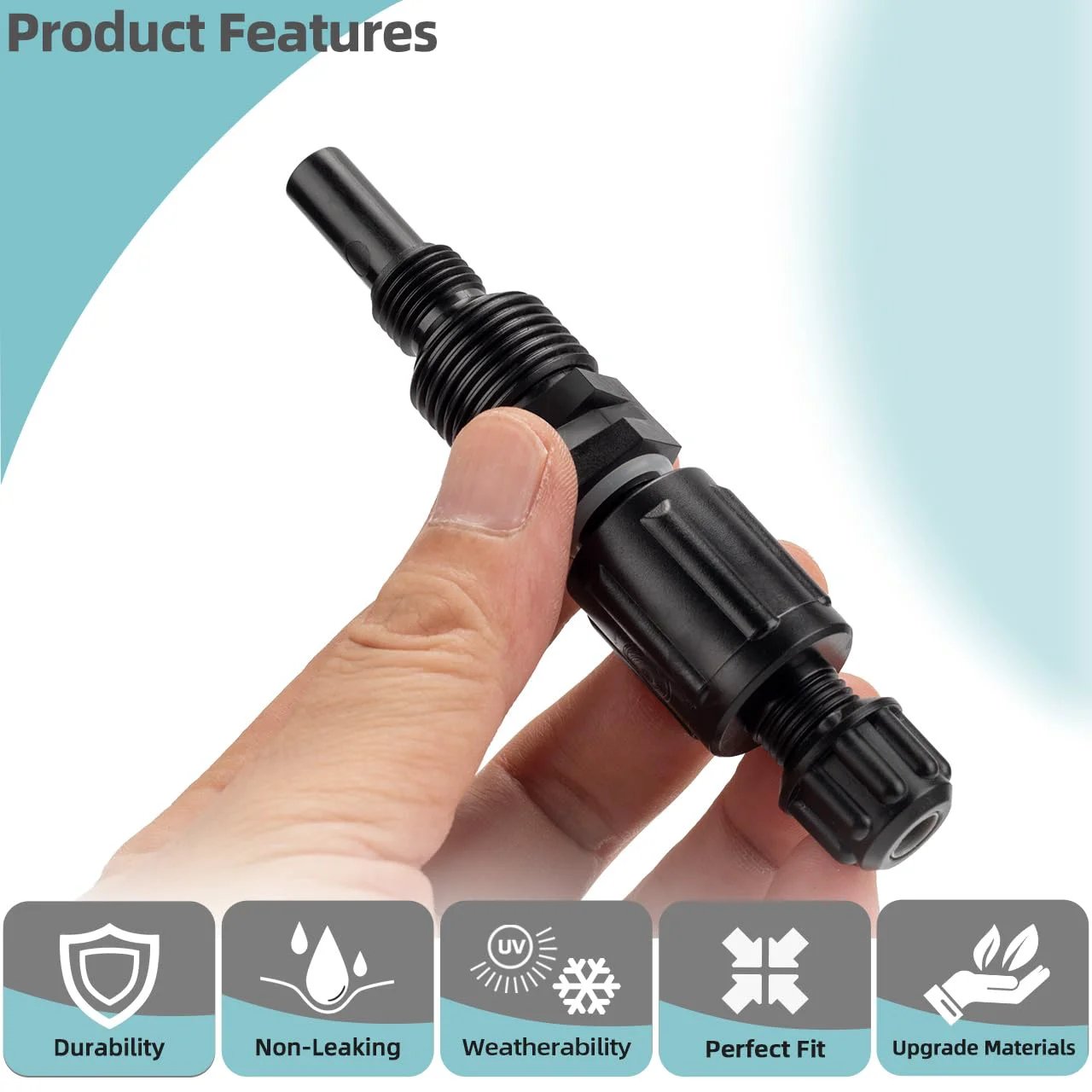 One Quarter Inch Injection Check Valve UCDBINJ in hand, showing size and features, compatible with peristaltic and chlorine pumps.