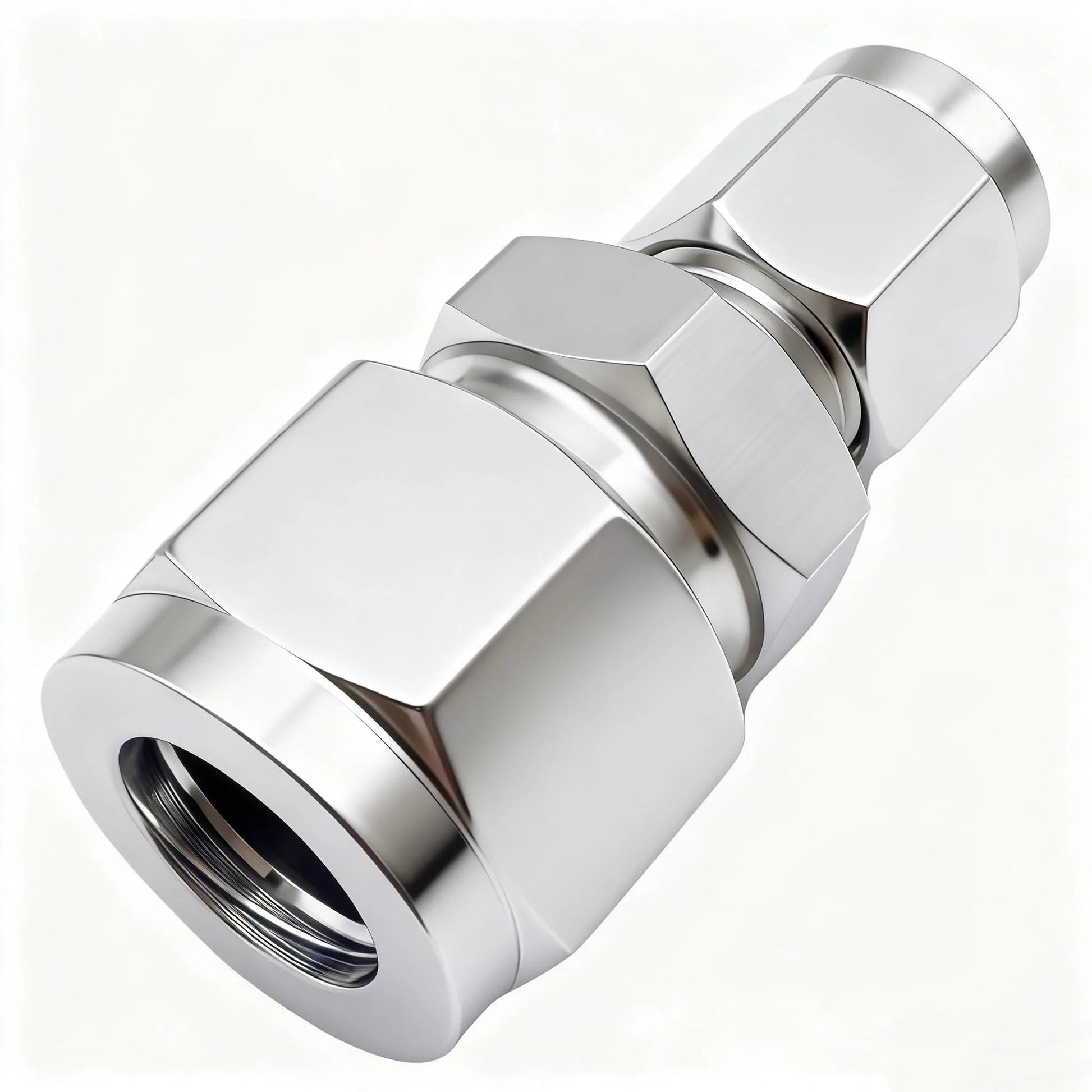 Premium 304 Stainless Steel Compression Tube Fitting Reducing Union With Double Ferrule Straight Adapter One Quarter To Three Eighths Inch Tubing For Fuel Oil Air And Some Corrosive Liquids Corrosion Resistant And High Temp Tolerant Two Pack Lophtnix, close-up view of the fitting.