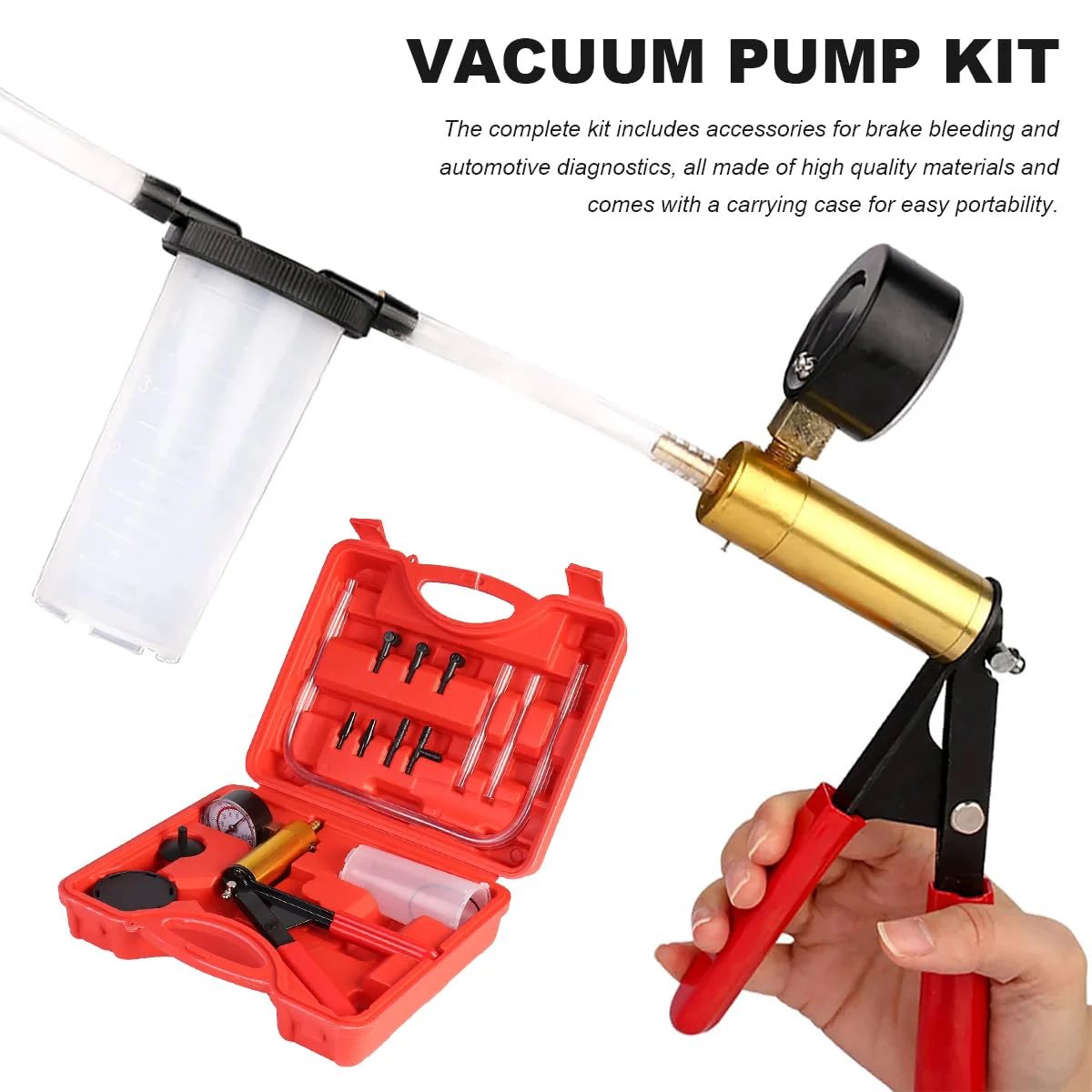 Hand Held Brake Bleeder Kit With Gauge And Adapters For Cars Trucks And Bikes SHMZK Vacuum Pump Pressure Tester With Protective Red Case
