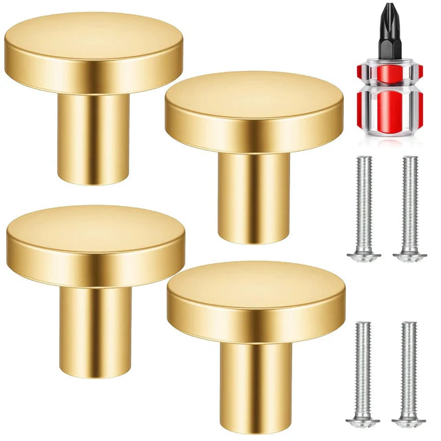 4 Pack Gold Solid Brass Round Drawer Knobs With Mounting Screws For Cabinets Dresser Kitchen And Bathroom Hardware Handles Premium Quality Brushed Finish For Elegant Look And Comfortable Grip