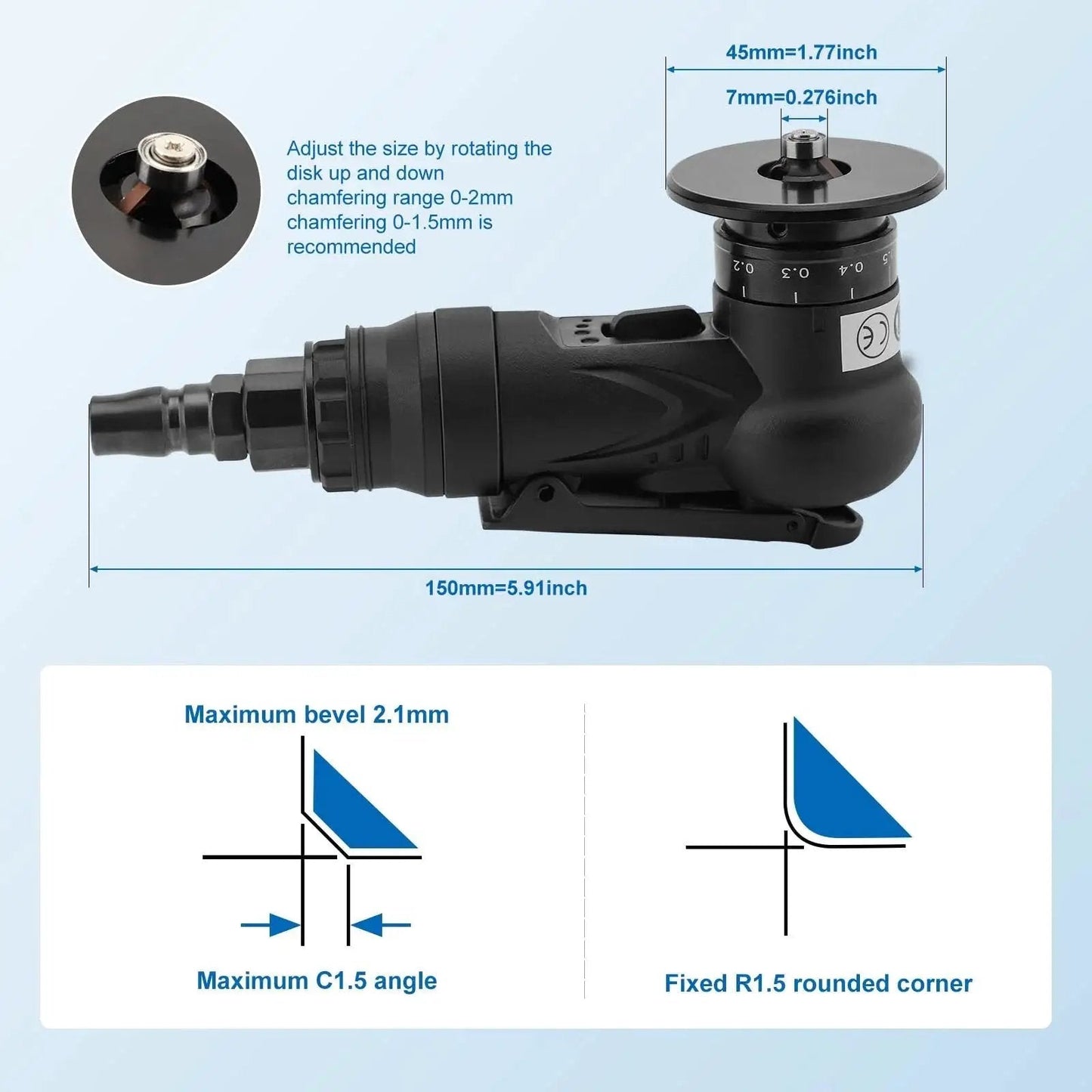 Side view of Mini Pneumatic Chamfering Tool Handheld 45 Degree Beveler For Metal And Wood Tile Edge Chamfering And Deburring Tool
