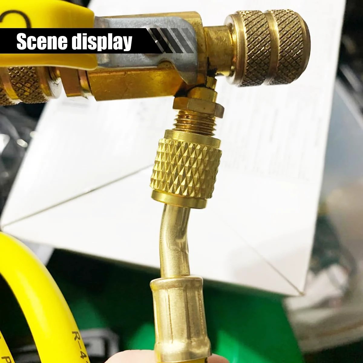 Close-up of Heavy Duty 60 Inch Refrigerant Charging Hose With 1 Quarter Inch SAE Flare For HVAC Systems, brass fitting detail