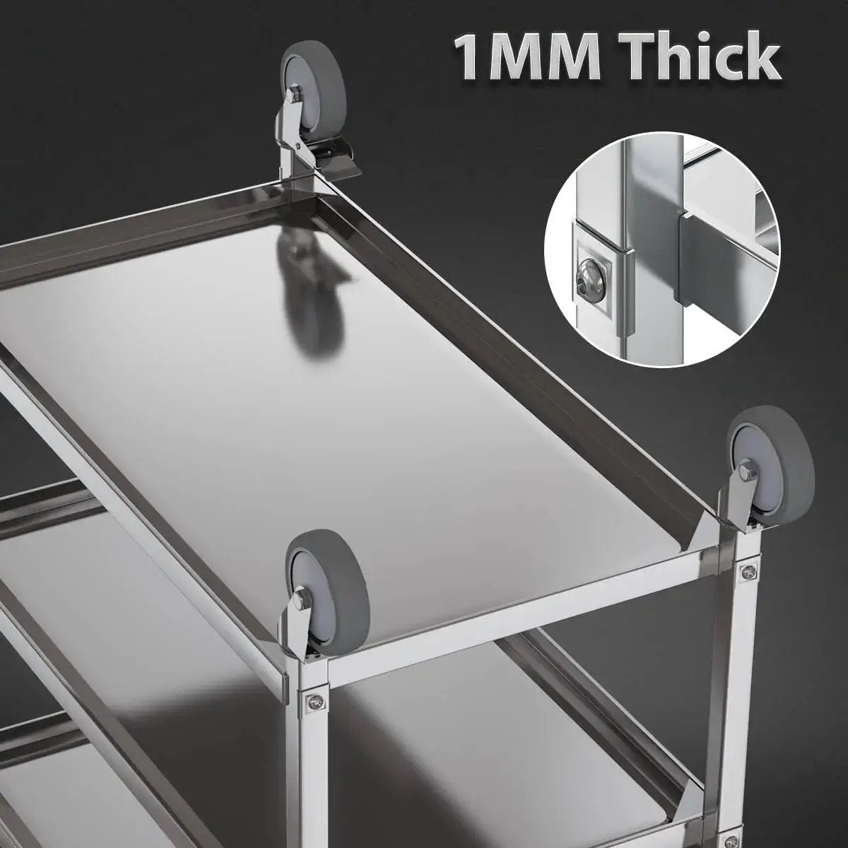 Close-up of a Three Shelf Stainless Steel Serving Cart With Wheels 400 Lb Capacity 1mm Thick Steel showcasing top shelf and wheel.