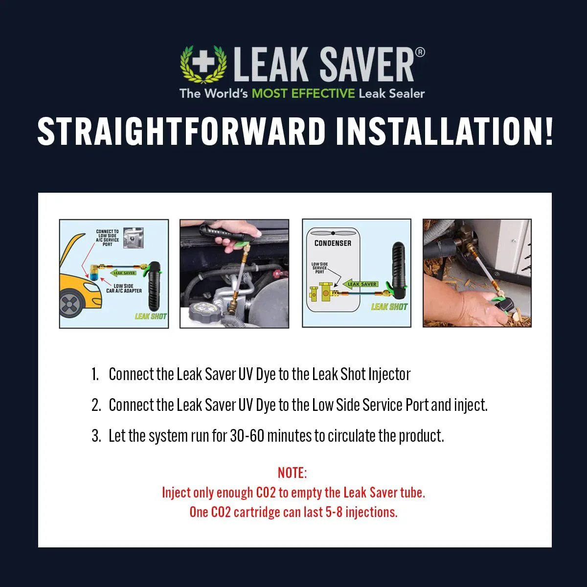 Installation guide for Ultra Bright UV Dye Inject Kit For Quick Leak Detection In Automotive, Home, Marine And Commercial HVAC Refrigeration, Mess Free Dye Injection, Illuminates Brightly At Leaks Made In USA By Leak Saver