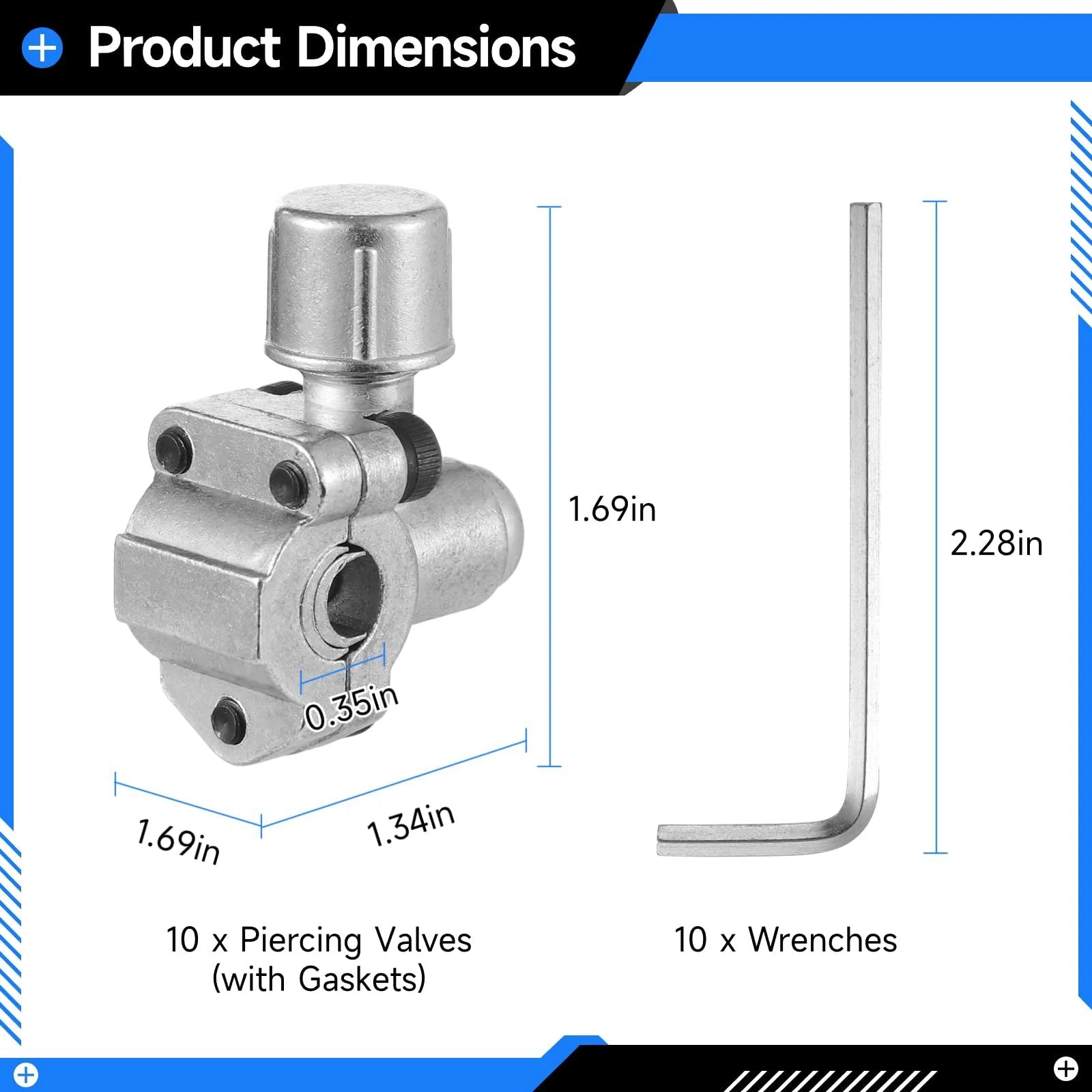 Bullet Piercing Valve Kit For Refrigeration And HVAC 10 Pcs BPV31 Replacement Valves with wrenches, dimensions labeled.
