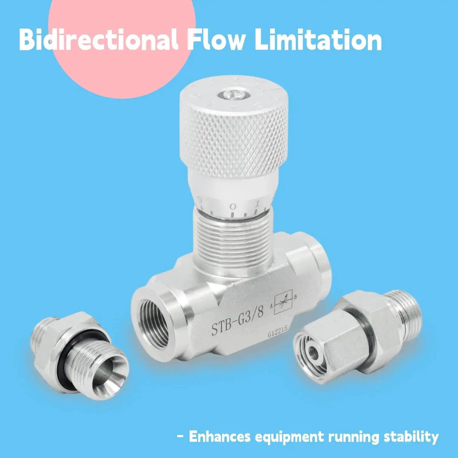 Heavy Duty Three Eighths Inch L08 Hydraulic Flow Control Valve for One to Two Ton Mini Excavators with connectors, STB-G3/8 visible.
