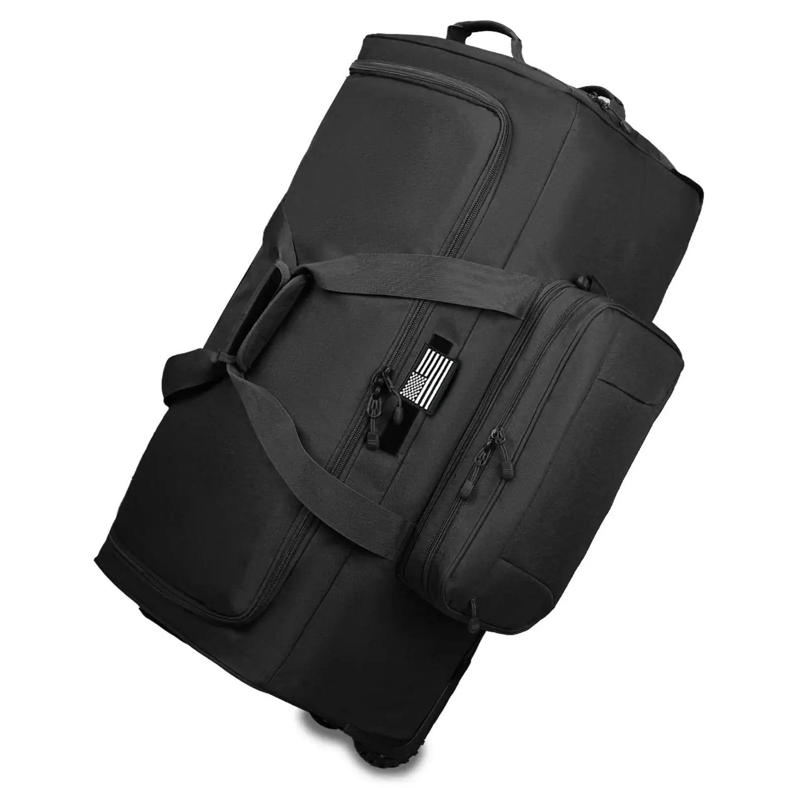 Rugged 120L Rolling Duffle Bag With Wheels For Travel And Camping, heavy duty military style luggage with three wheel system, side view