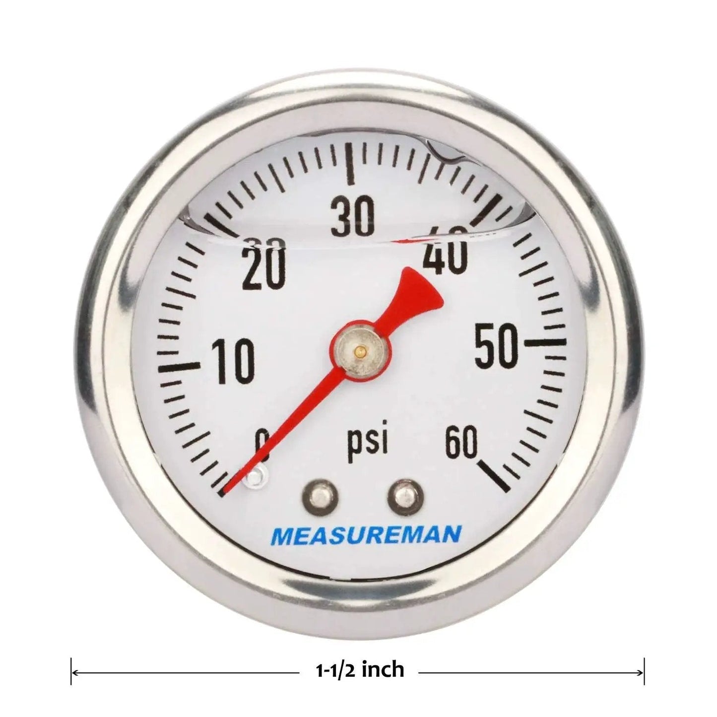1.5 Inch Dial Liquid Filled Fuel Pressure Gauge With 304 Stainless Steel Case And Center Back Mount, 0 To 60 PSI, Front View