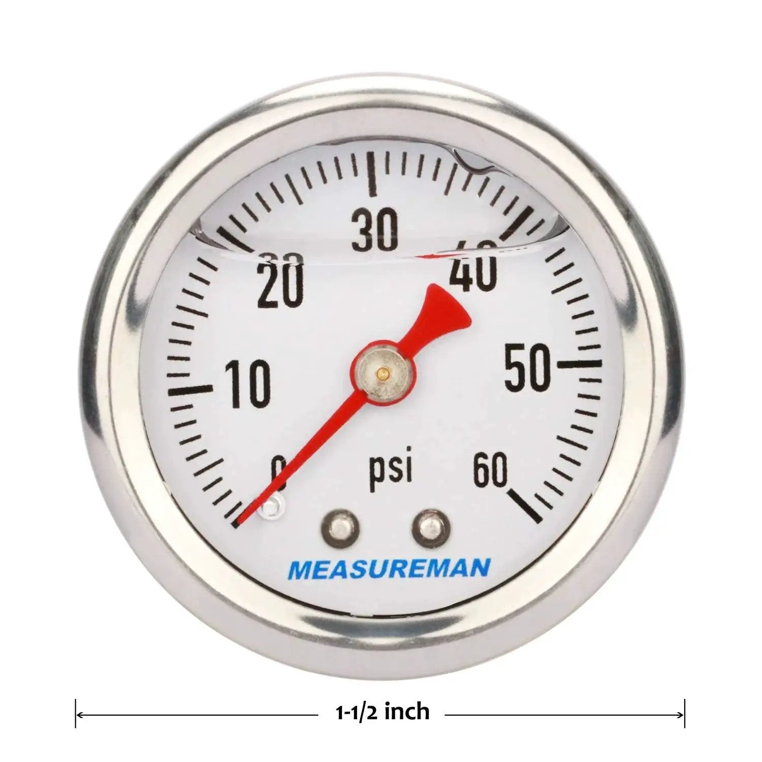 1.5 Inch Dial Liquid Filled Fuel Pressure Gauge With 304 Stainless Steel Case And Center Back Mount, 0 To 60 PSI, Front View